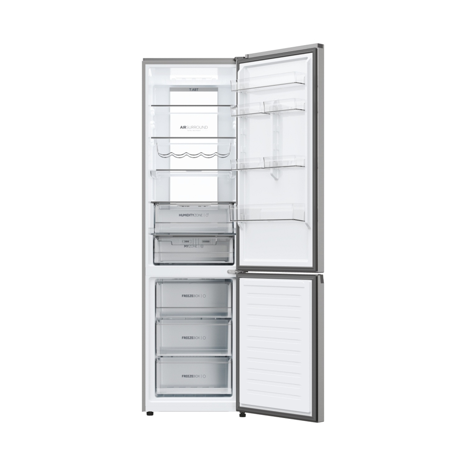 Un refrigerador plateado abierto con múltiples estantes y cajones.
