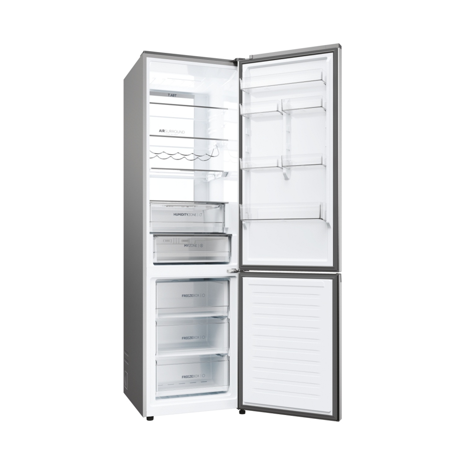 Un refrigerador plateado abierto con múltiples estantes y cajones.