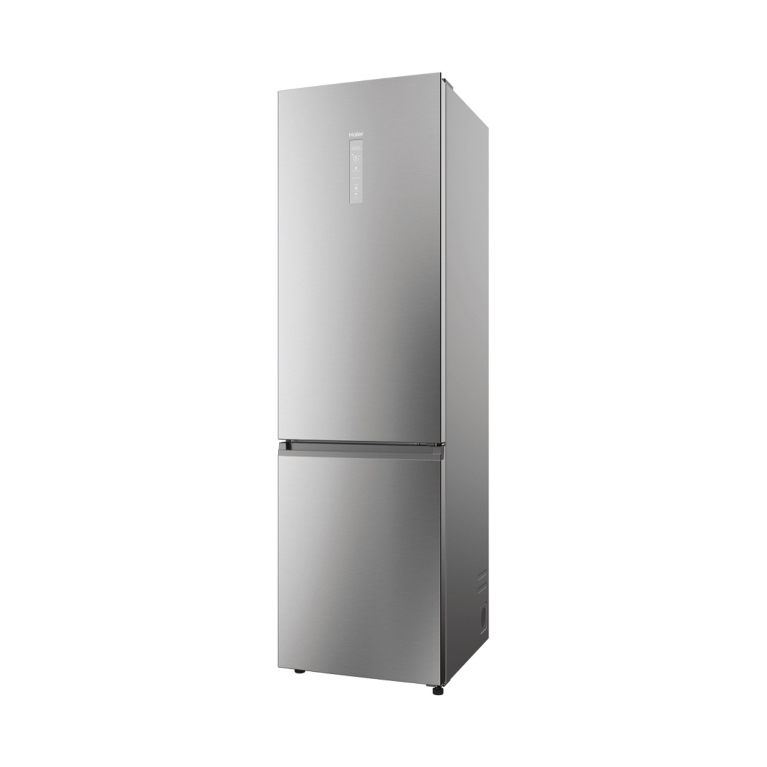 Un refrigerador Haier plateado con compartimento de congelador sobre fondo blanco.