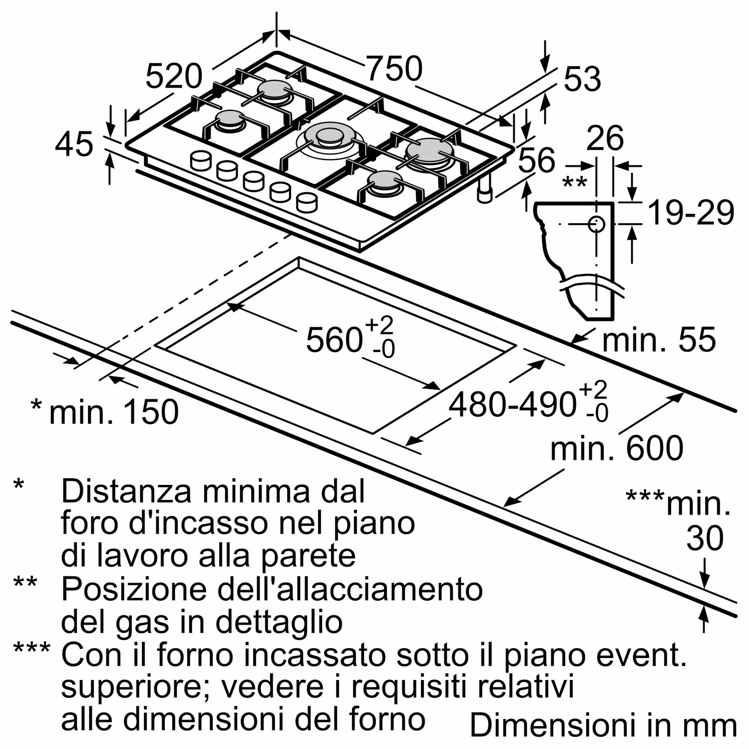 Dibujo técnico de una placa de gas con dimensiones e instrucciones de instalación.