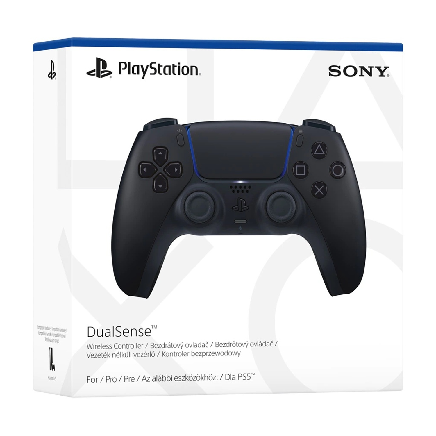 Mando inalámbrico DualSense de PlayStation negro en caja con logos Sony y PlayStation.