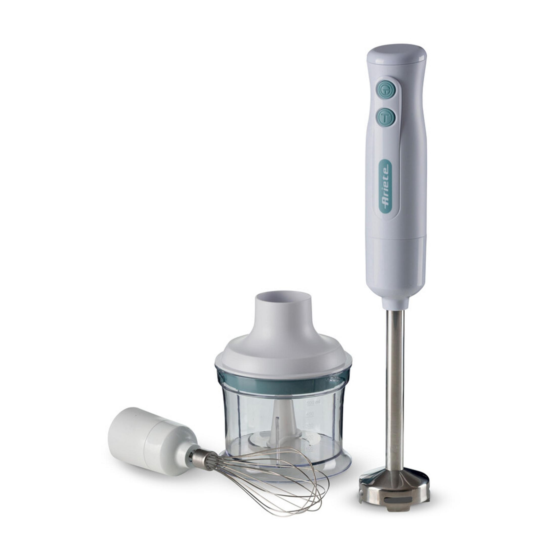 Biały blender ręczny z odłączanymi akcesoriami, w tym trzepaczką i rozdrabniaczem.