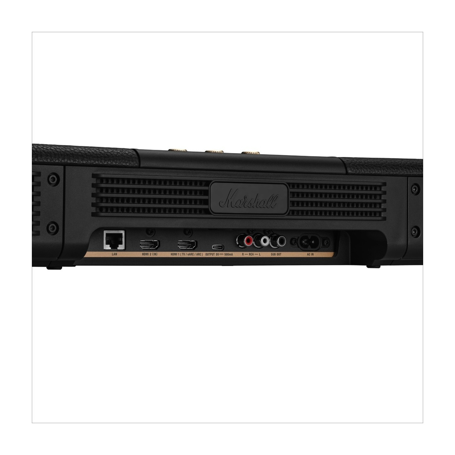 Rückseite eines schwarzen Marshall-Lautsprechers mit Anschlüssen: LAN, HDMI, Cinch und Netzteil.