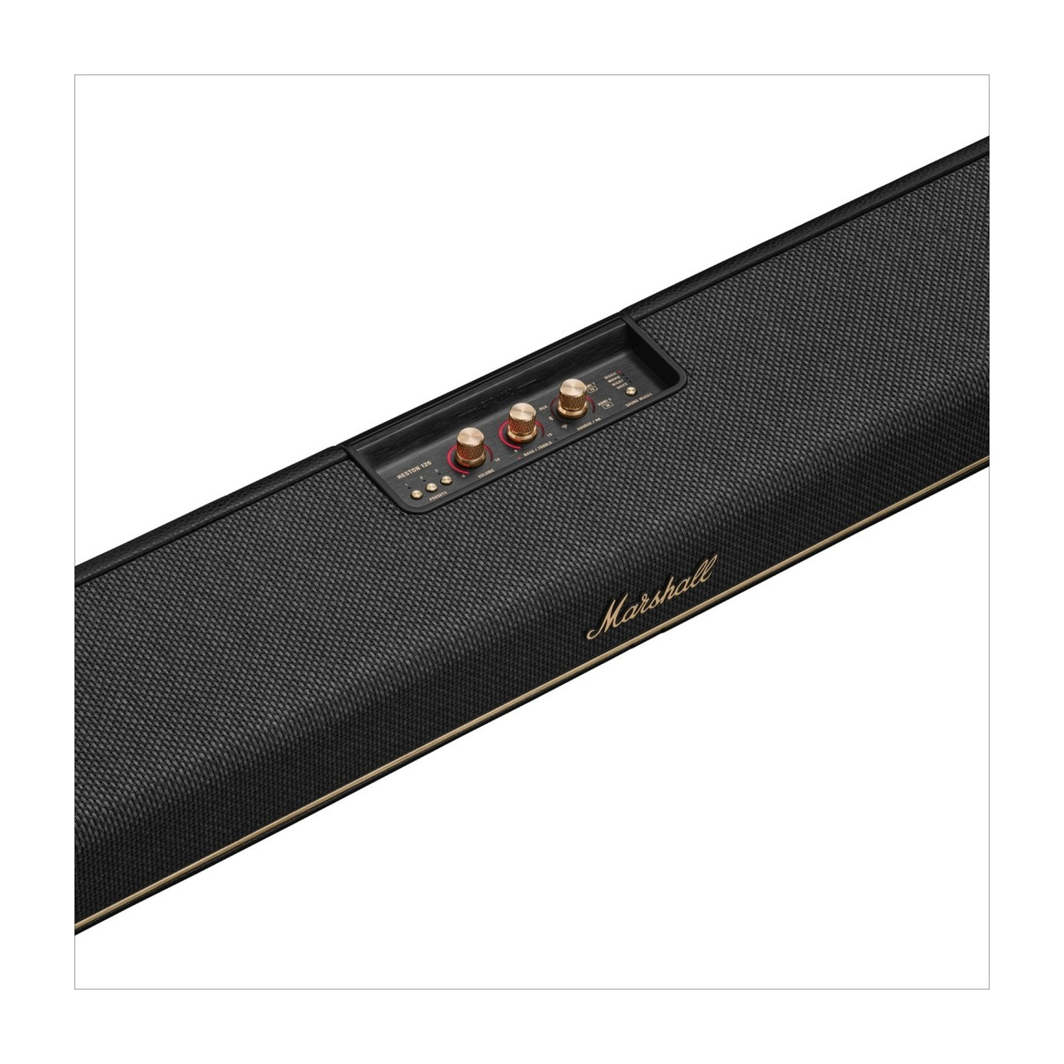 Ein Marshall Lautsprecher mit goldenen Reglern und schwarzem Gitter.