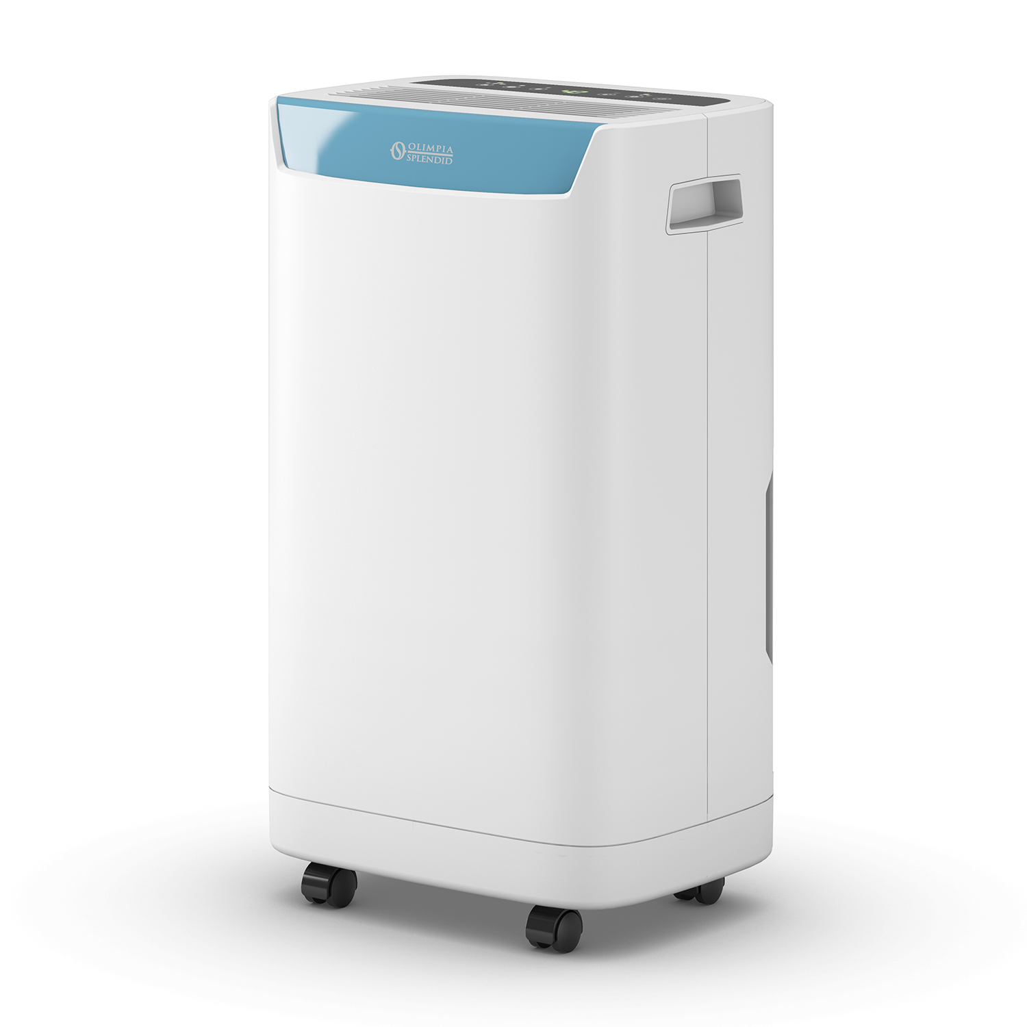 Biały osuszacz powietrza z niebieskim akcentem i kółkami.