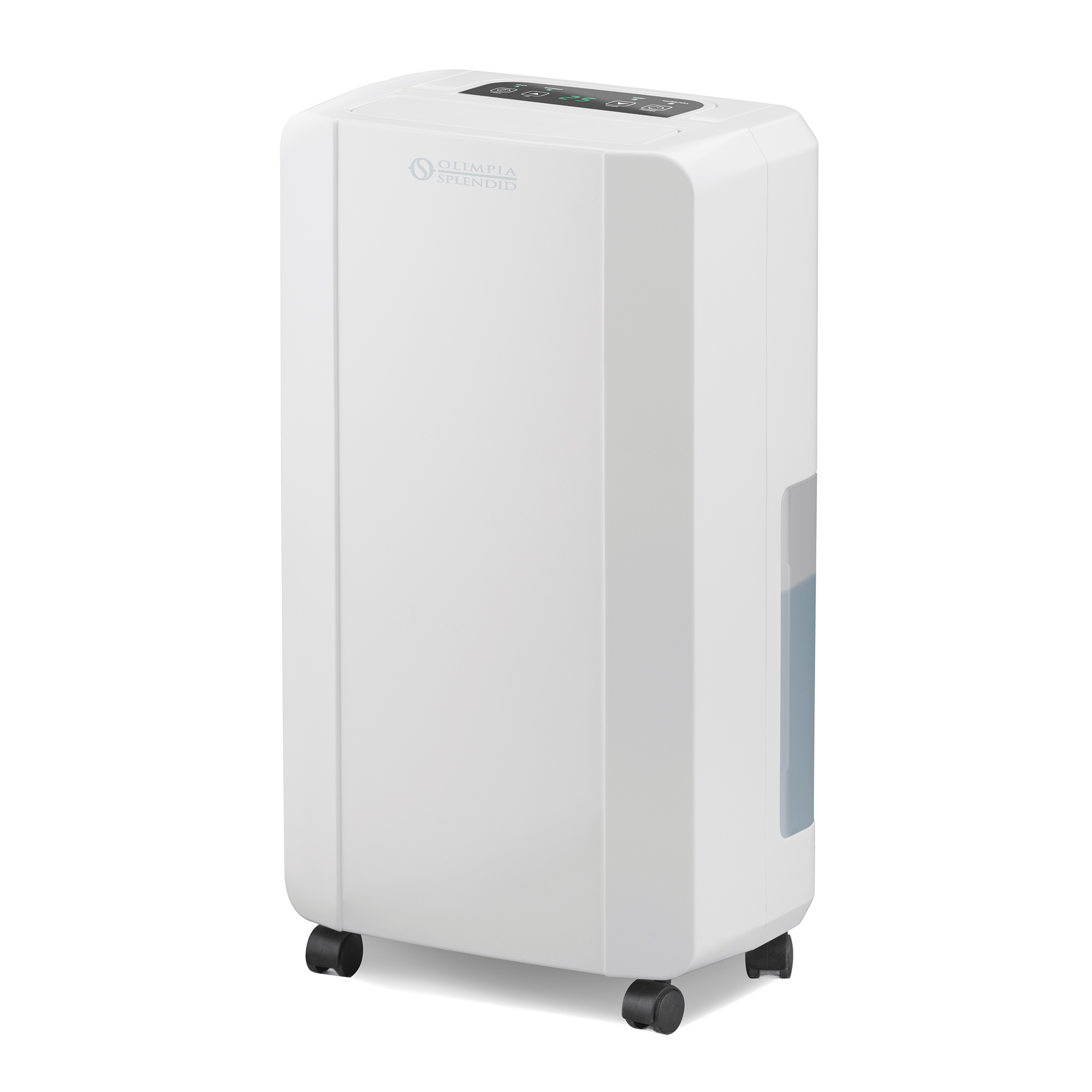 Biały osuszacz powietrza z kółkami i widocznym zbiornikiem na wodę.