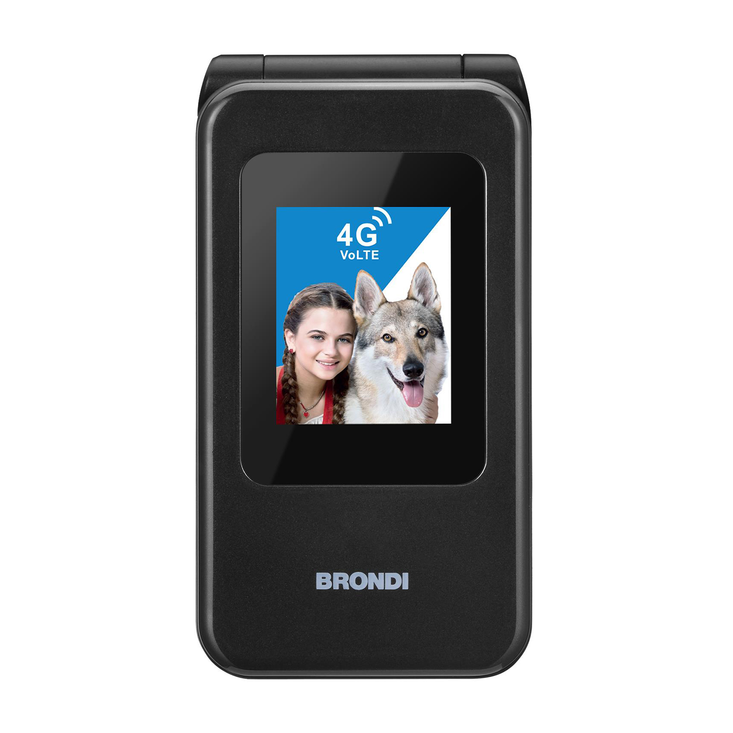 Czarny telefon klapkowy wyświetla na ekranie dziewczynę i psa.