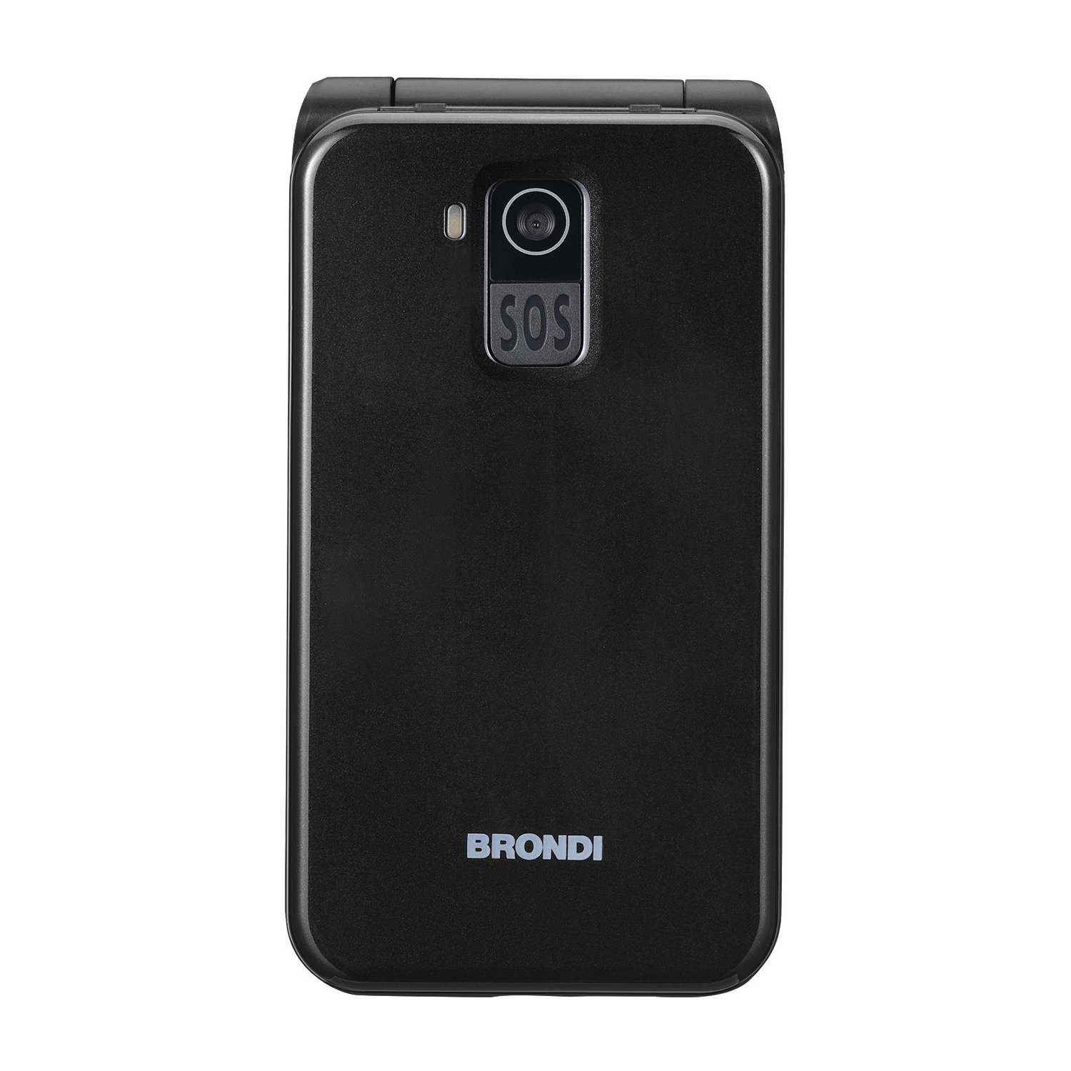 Czarny telefon klapkowy z aparatem i przyciskiem SOS.