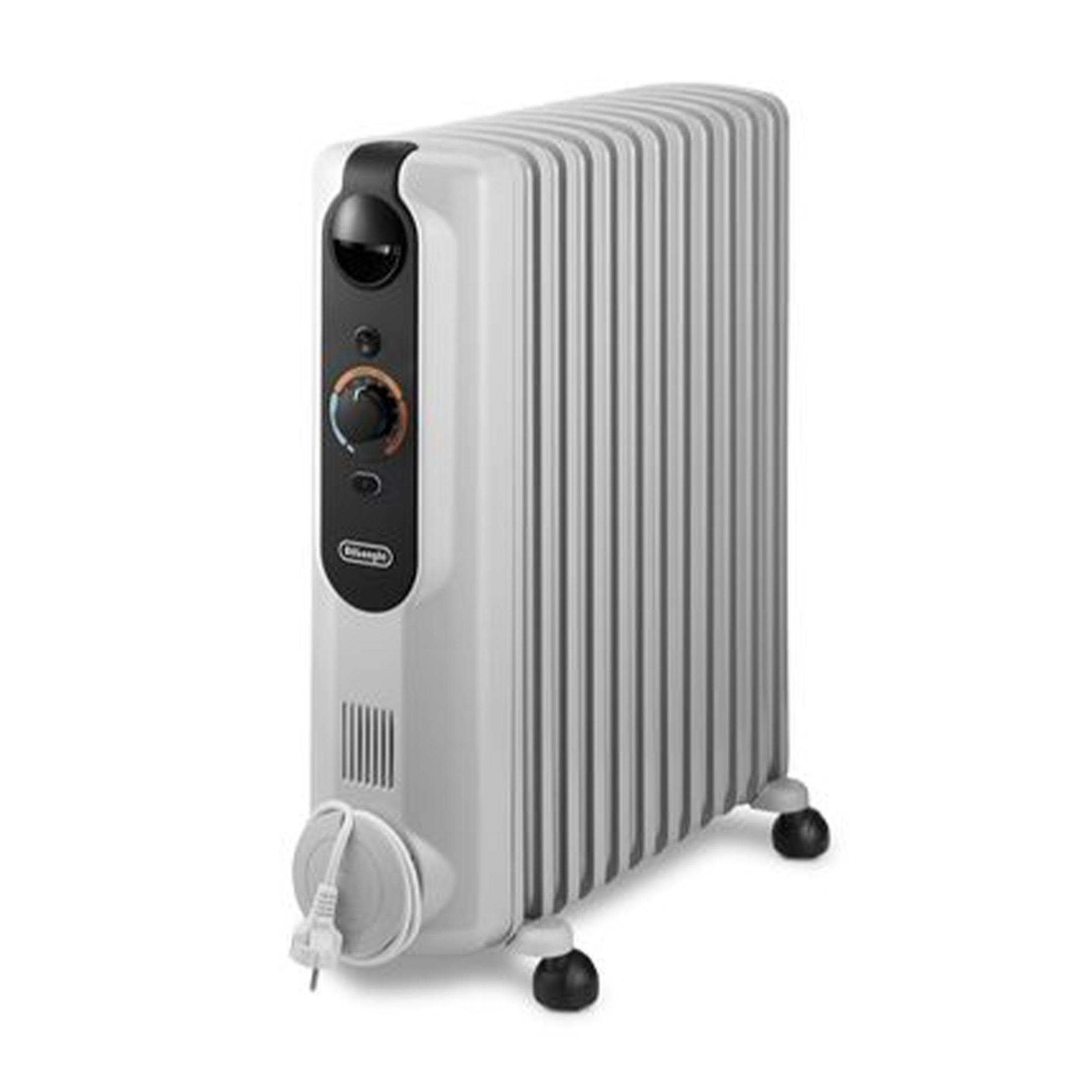 Biały grzejnik olejowy z kółkami i czarnym panelem sterowania.