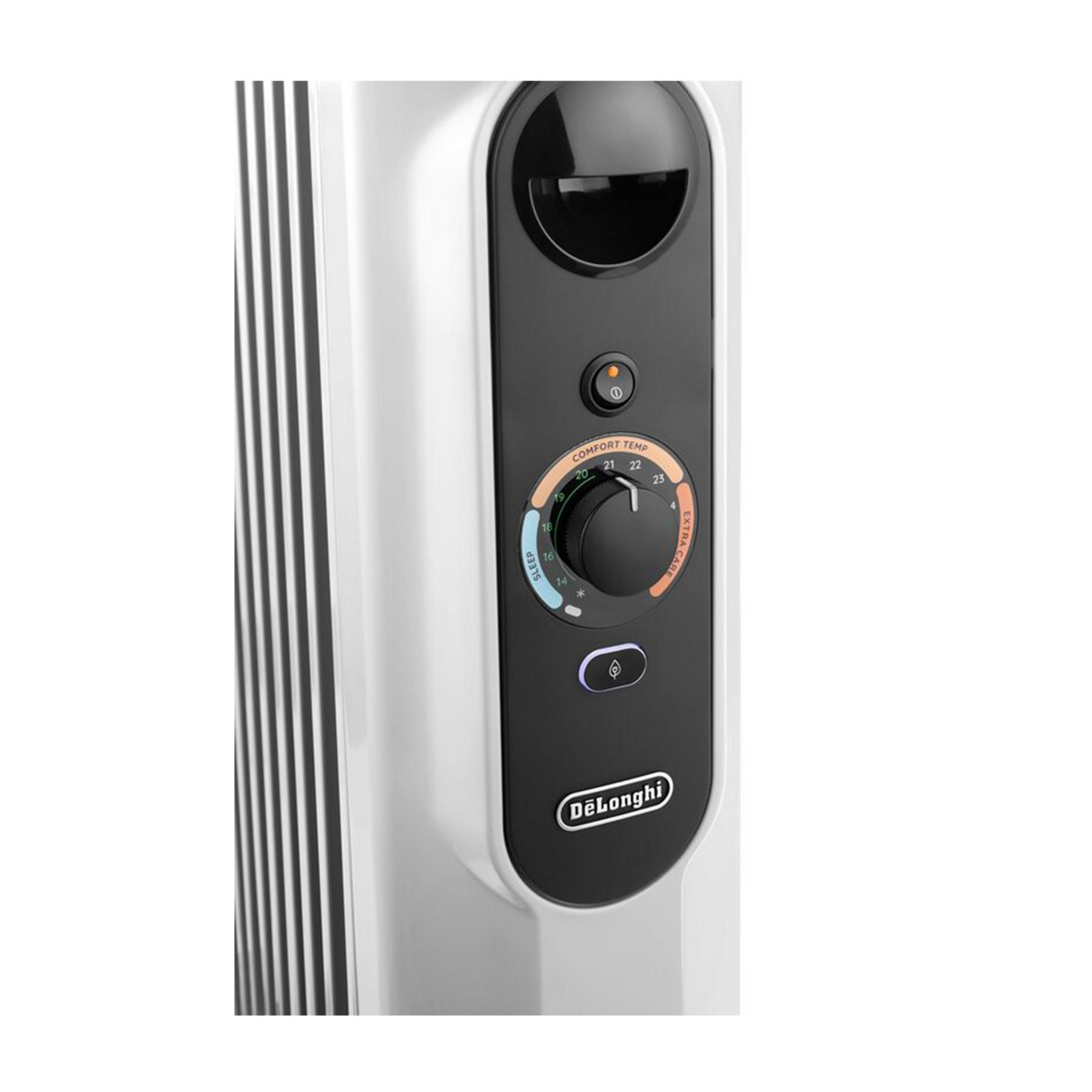 Biały grzejnik z czarnym panelem sterowania i pokrętłem temperatury.