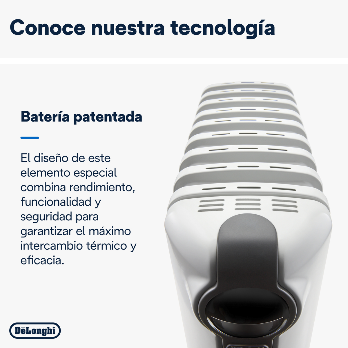 Zbliżenie białego grzejnika DeLonghi z żebrami i ciemnym uchwytem.