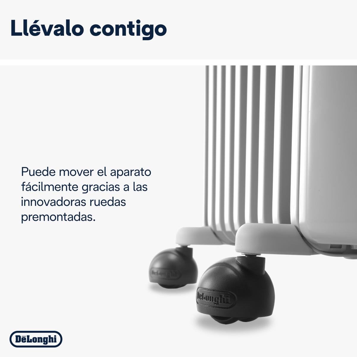 Zbliżenie na dwa czarne kółka grzejnika z widocznym logo DeLonghi.