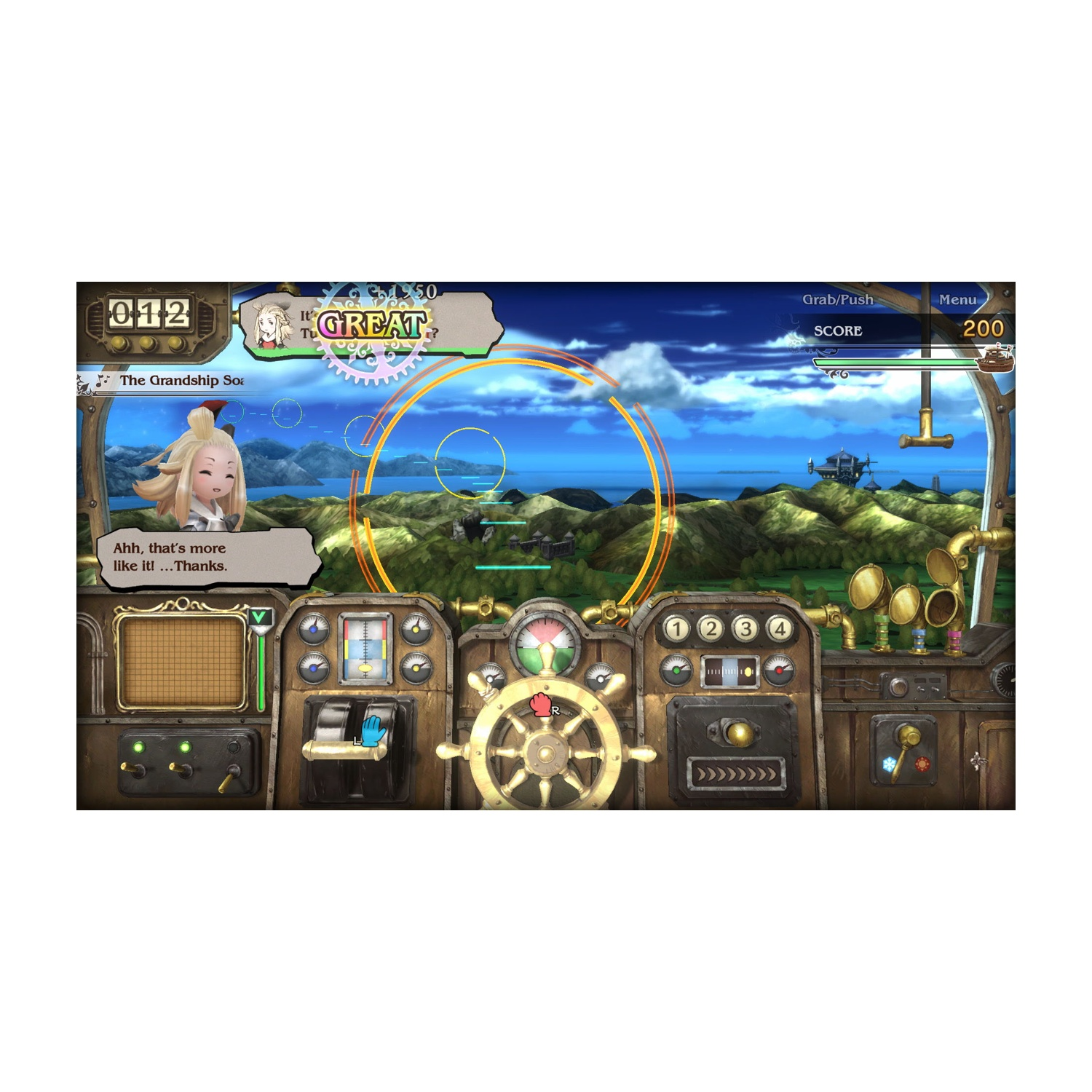 Una schermata di gioco che mostra una cabina steampunk, un personaggio animato e un paesaggio.