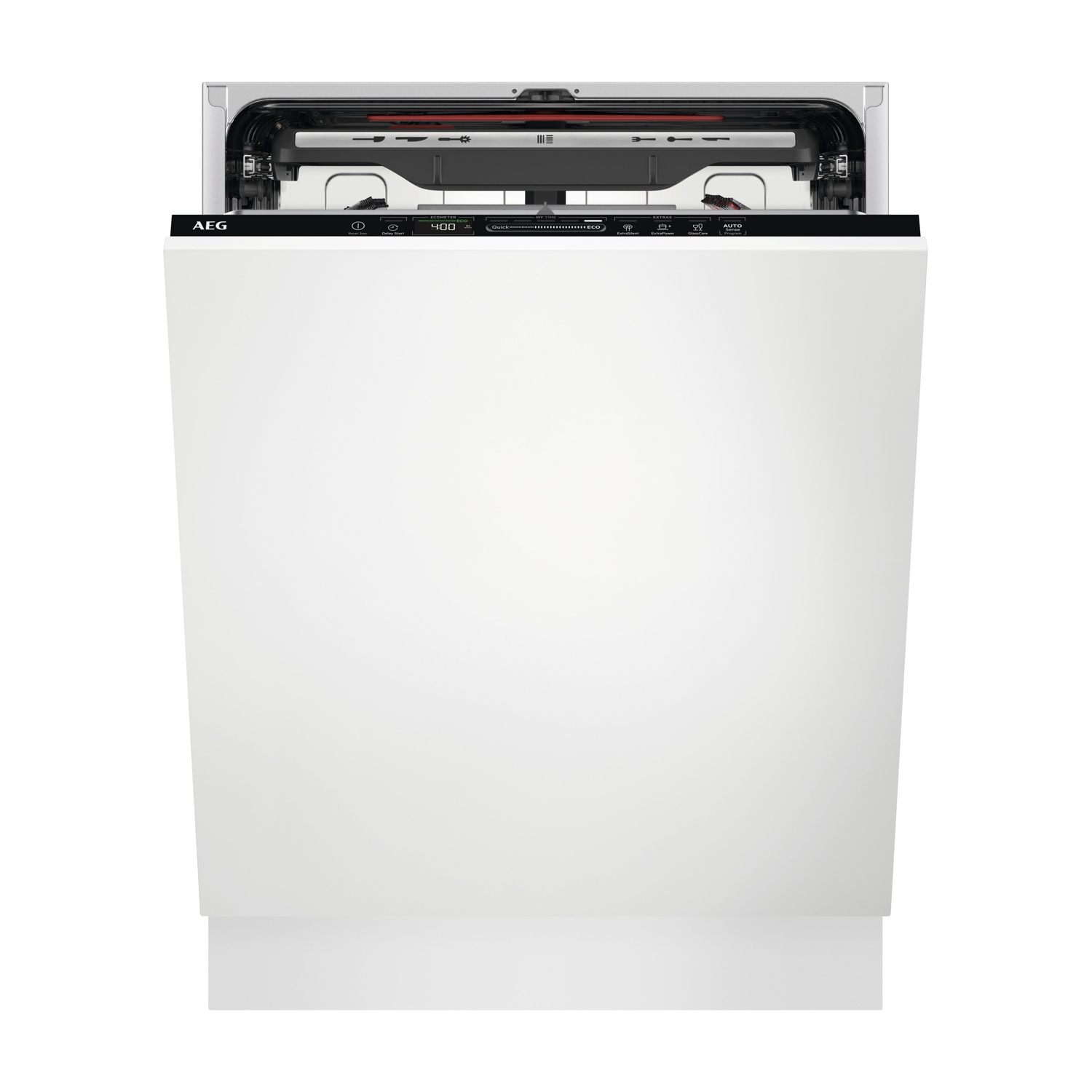 Un lavavajillas AEG blanco con la parte superior abierta y panel de control.