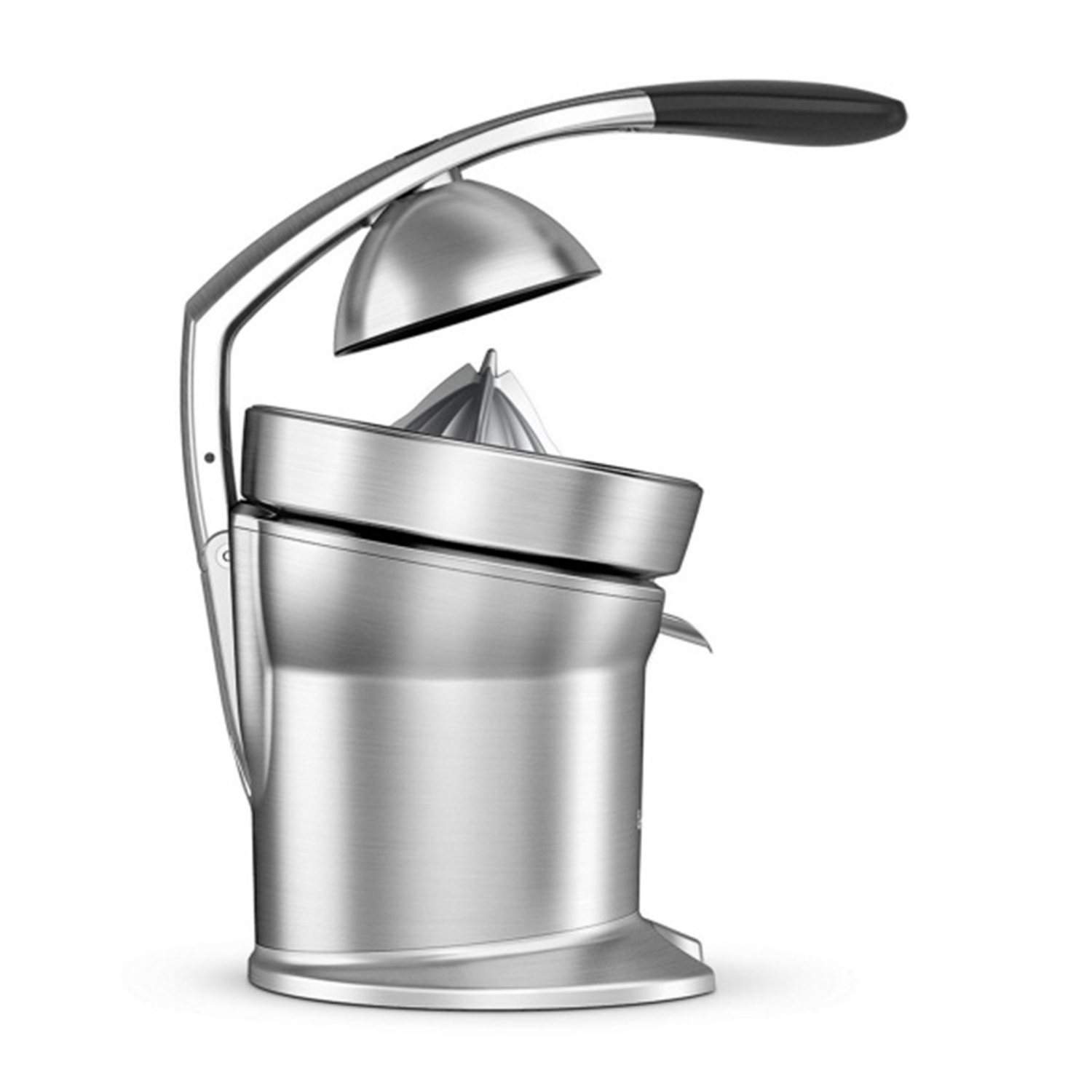 Srebrna wyciskarka z czarną rączką i metalowym stożkiem.