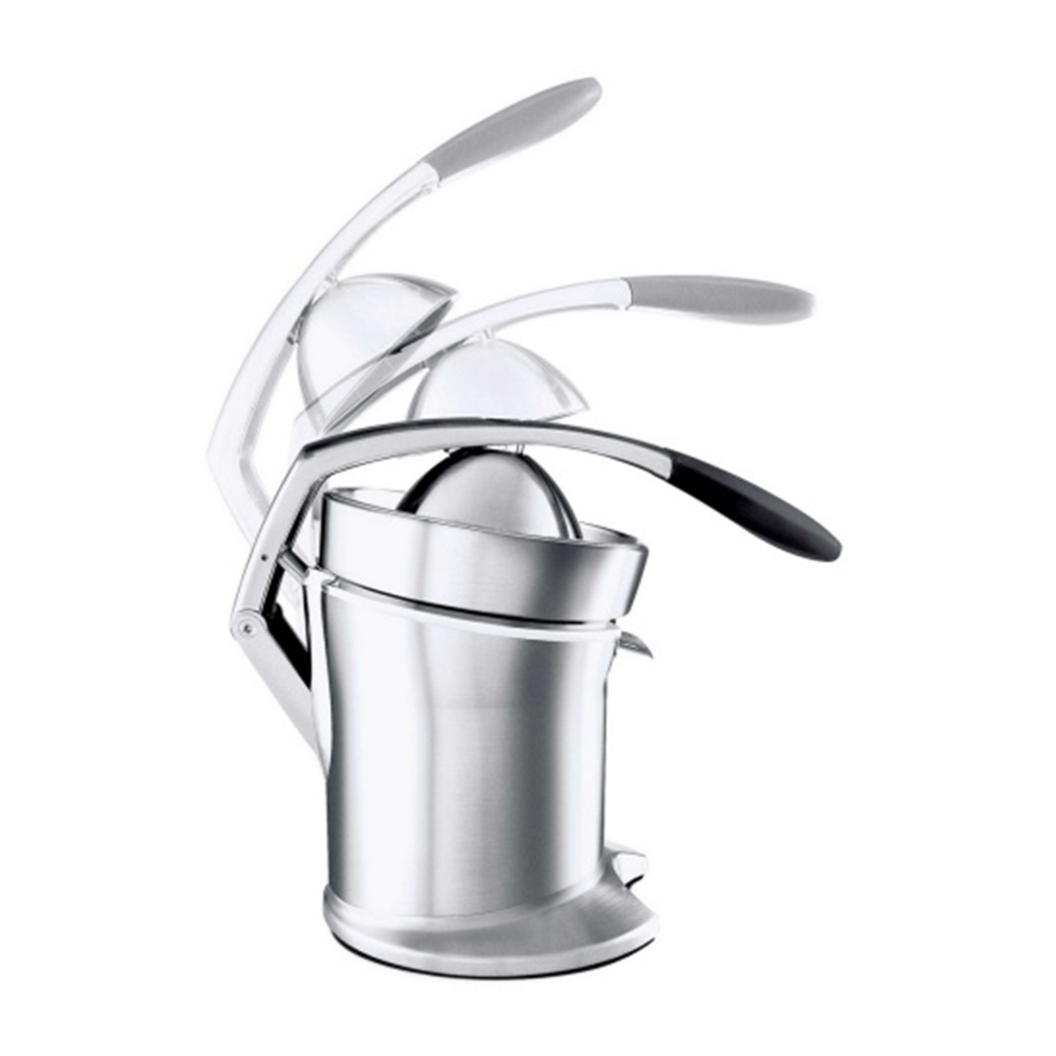 Srebrna wyciskarka do cytrusów z szarymi uchwytami na białym tle.