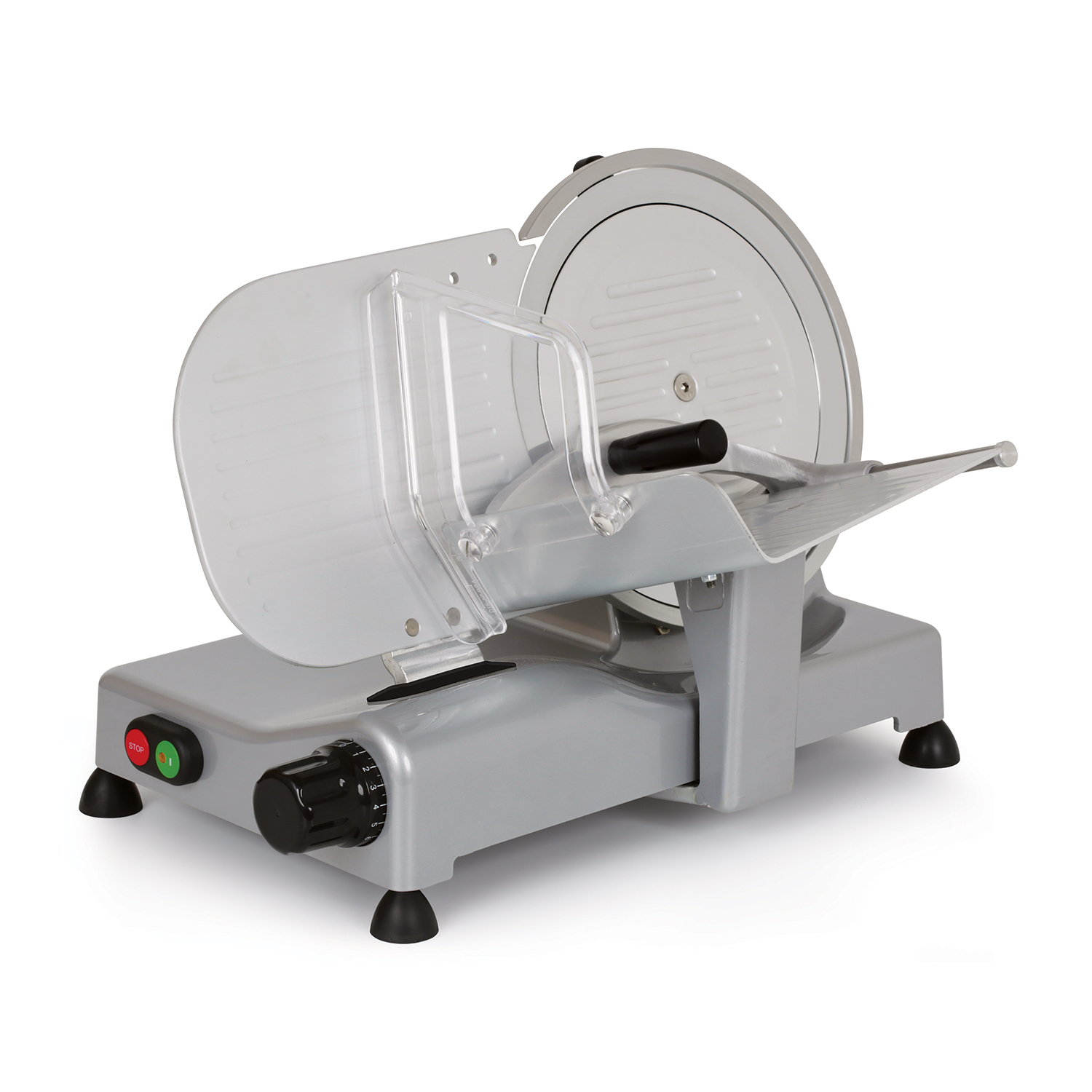 Srebrna elektryczna krajalnica z czarnym uchwytem i osłoną ostrza.