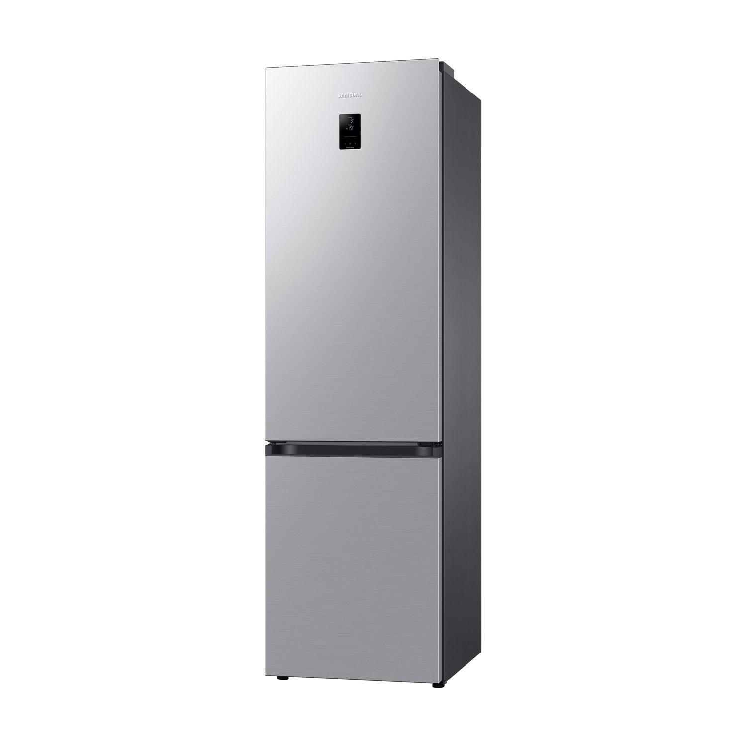 Un elegante refrigerador Samsung plateado con congelador superior y pantalla digital.