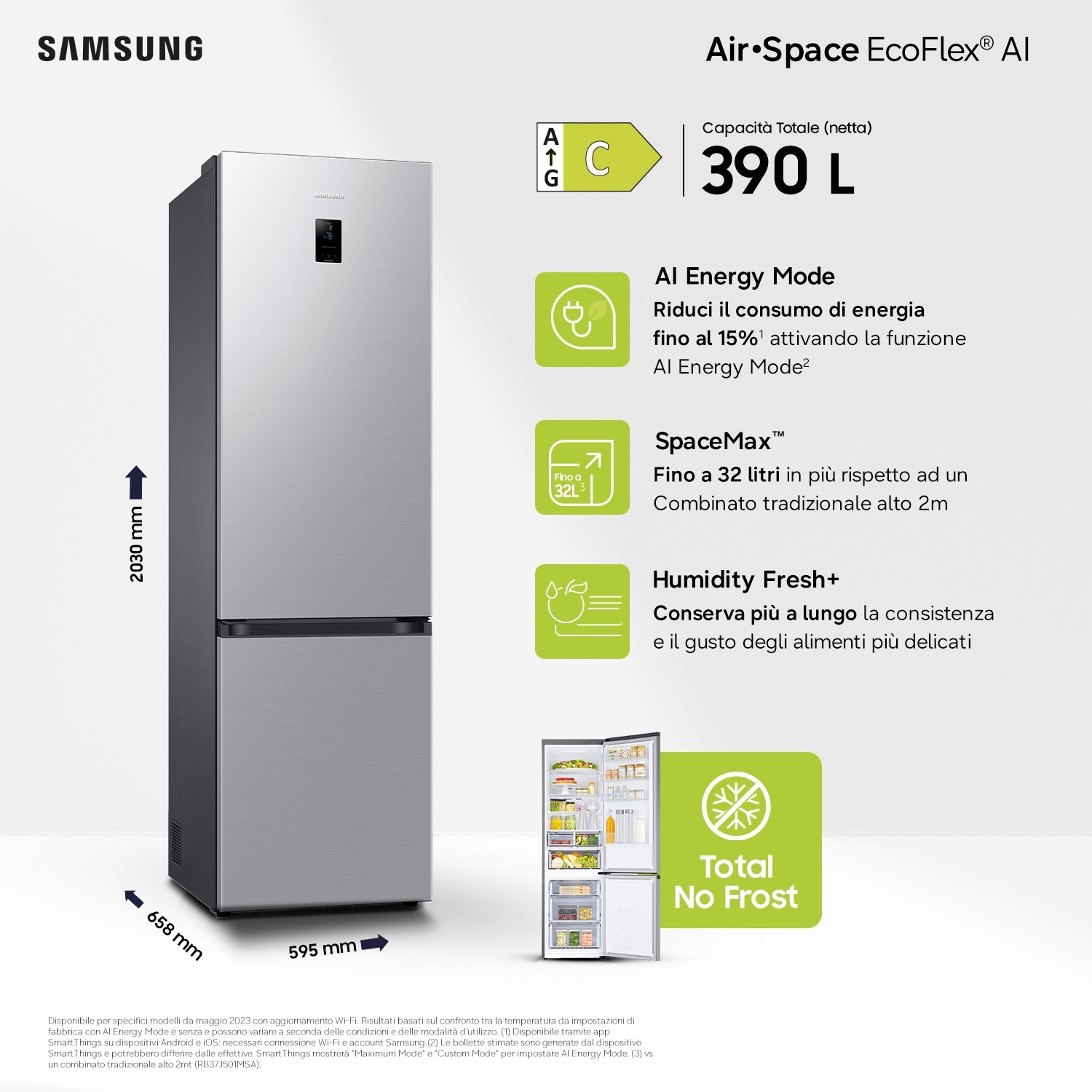 Un frigorífico Samsung plateado con pantallas digitales y dimensiones.