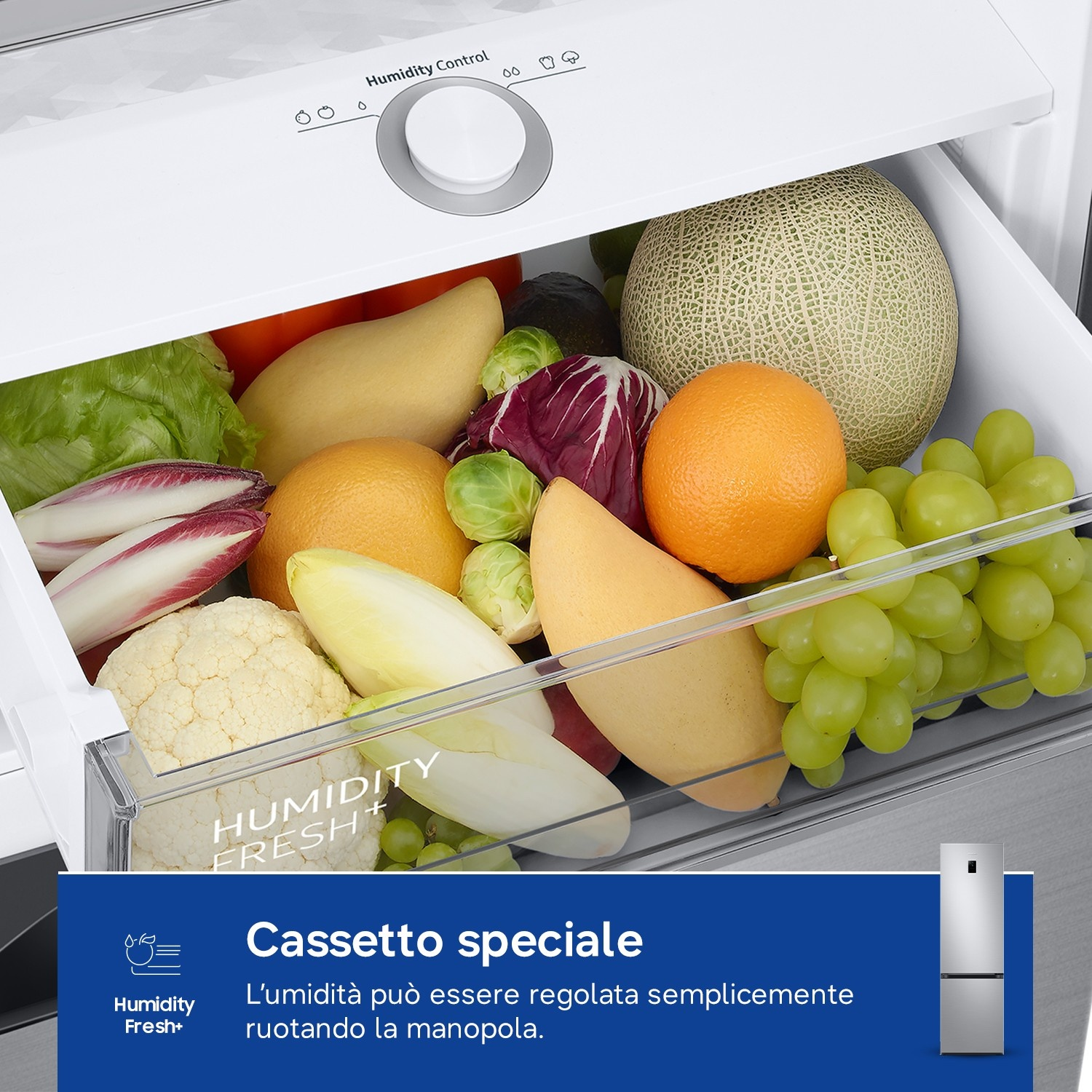 Un cajón de refrigerador lleno de frutas y verduras, con control de humedad.
