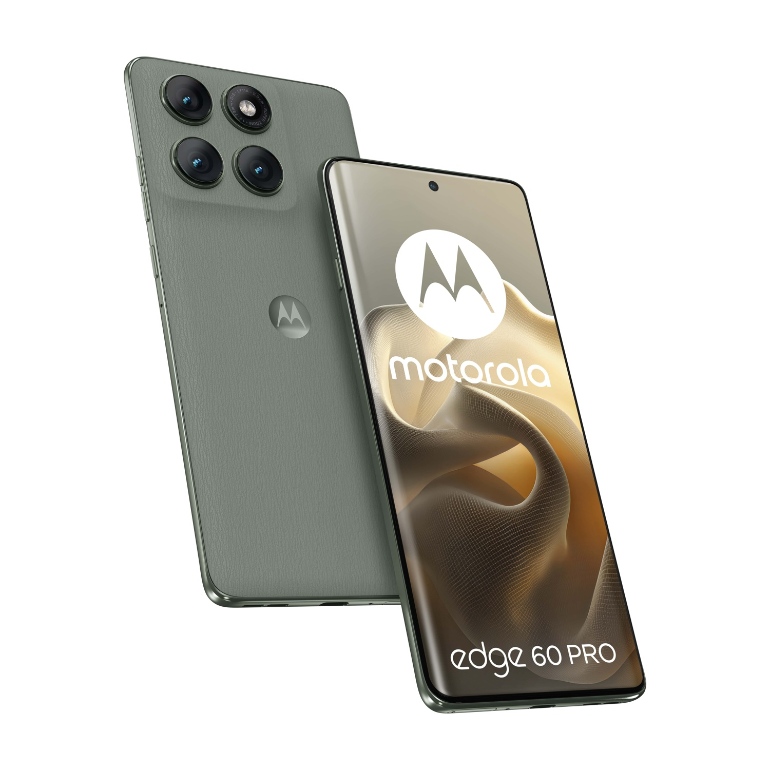 Zielony telefon Motorola Edge 60 Pro z czterema aparatami z tyłu.