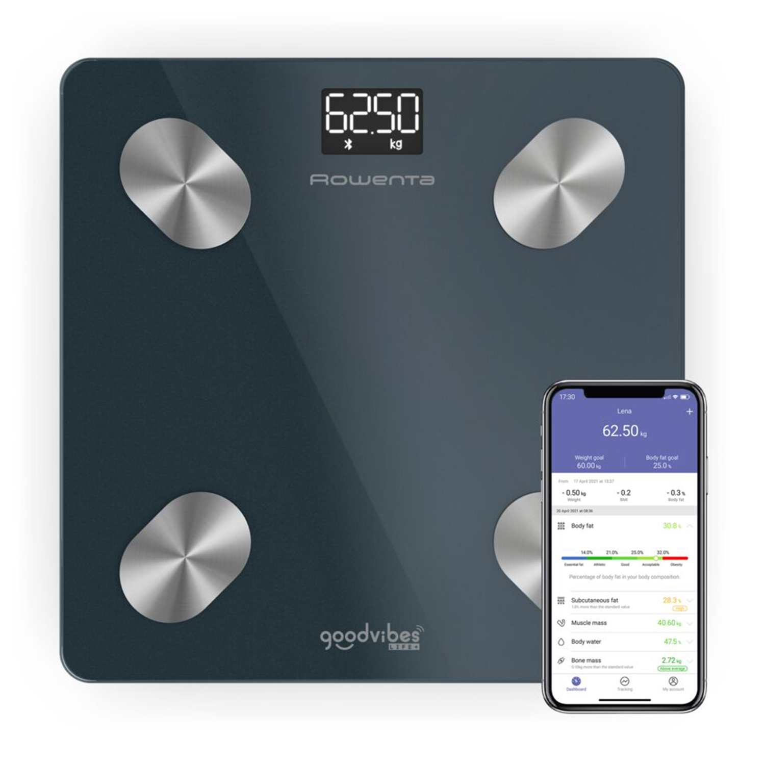 Ciemnoszara waga cyfrowa z czterema srebrnymi czujnikami i wyświetlaczem pokazującym 62,50 kg.