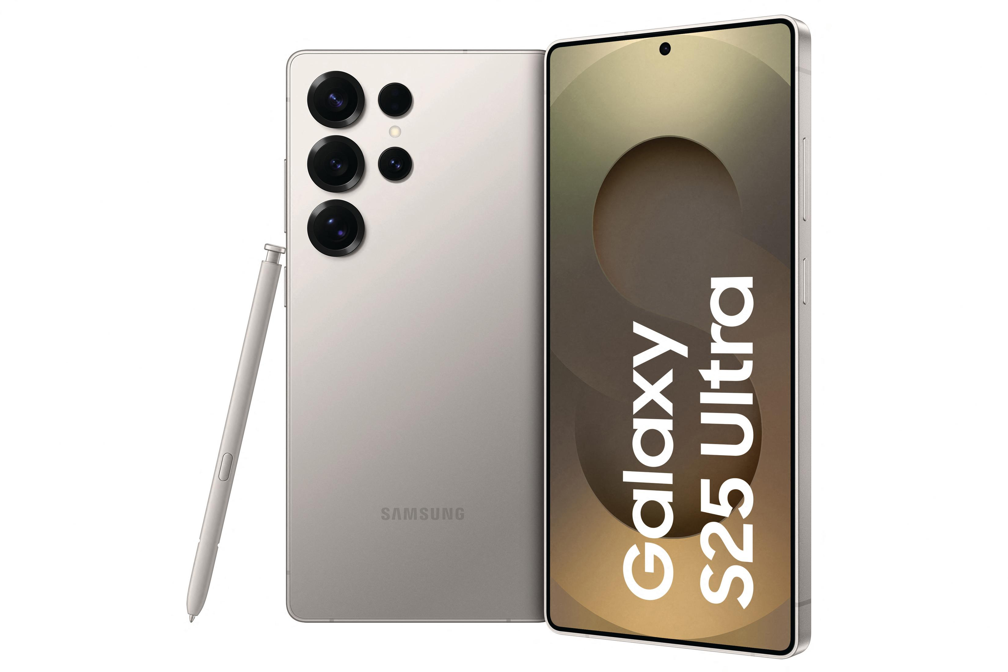 Srebrny Samsung Galaxy S25 Ultra ze stylusem, na białym tle.