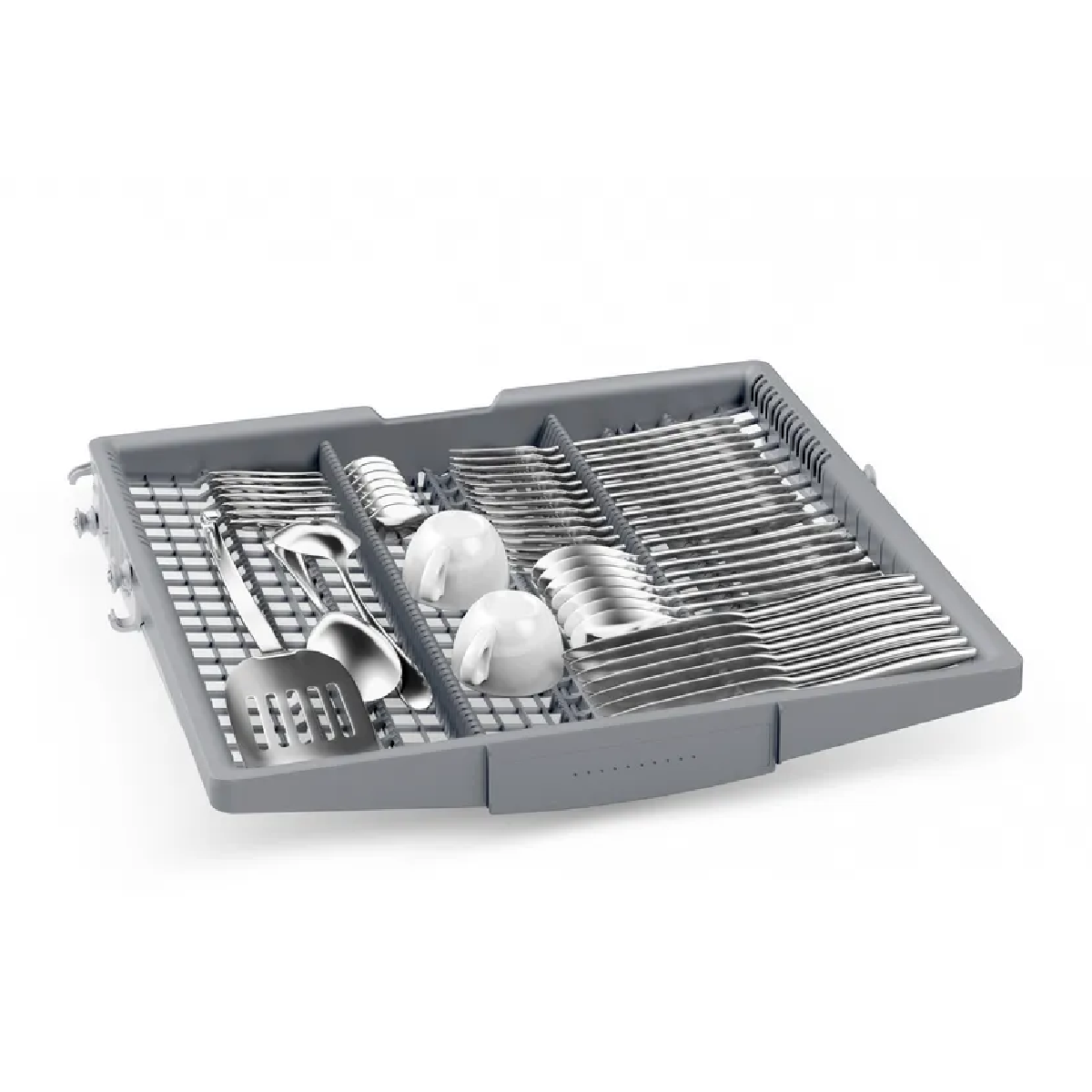 Cesta para cubiertos de lavavajillas con tenedores, cucharas, cuchillos y dos tazas.
