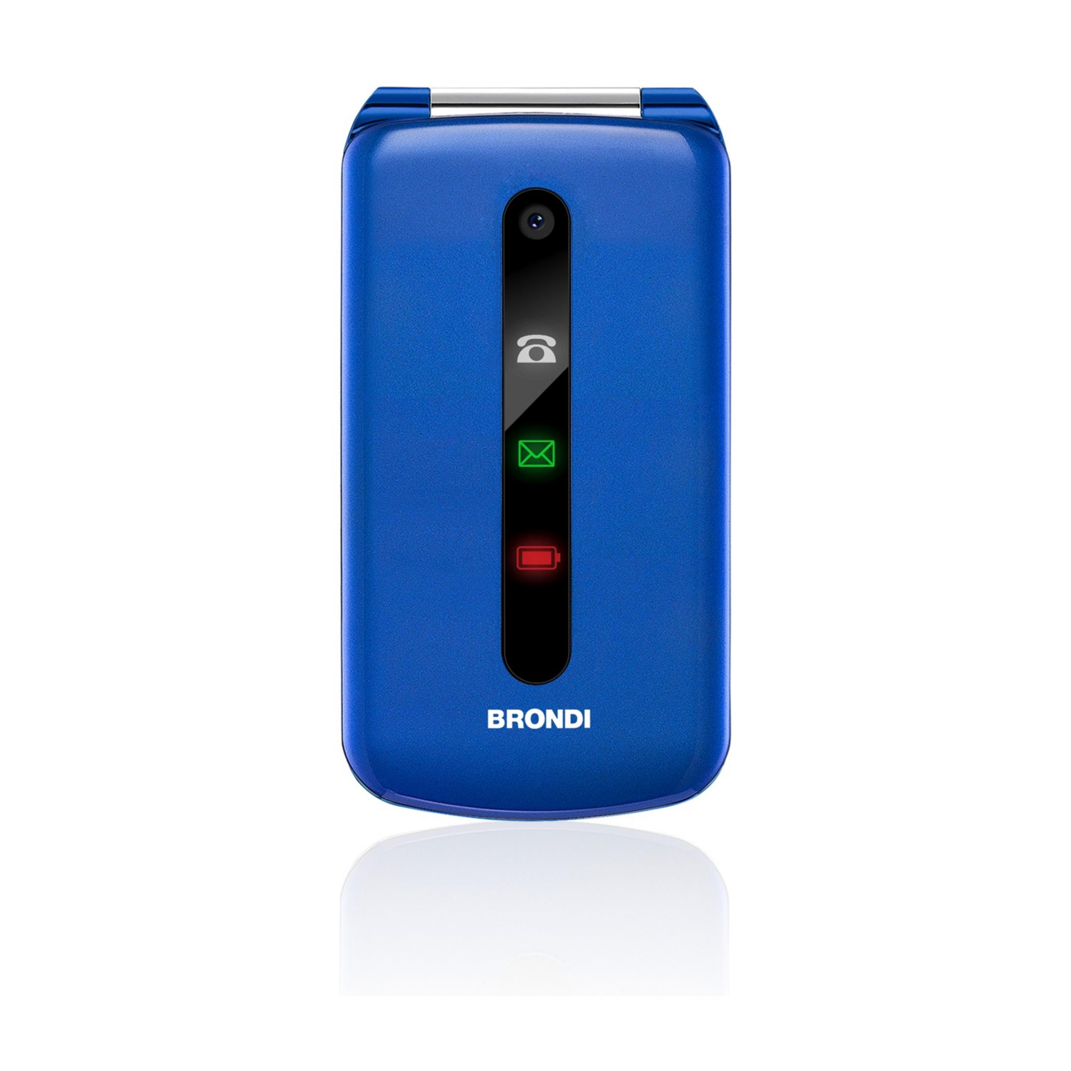 Niebieski telefon klapkowy Brondi z aparatem i wskaźnikami.