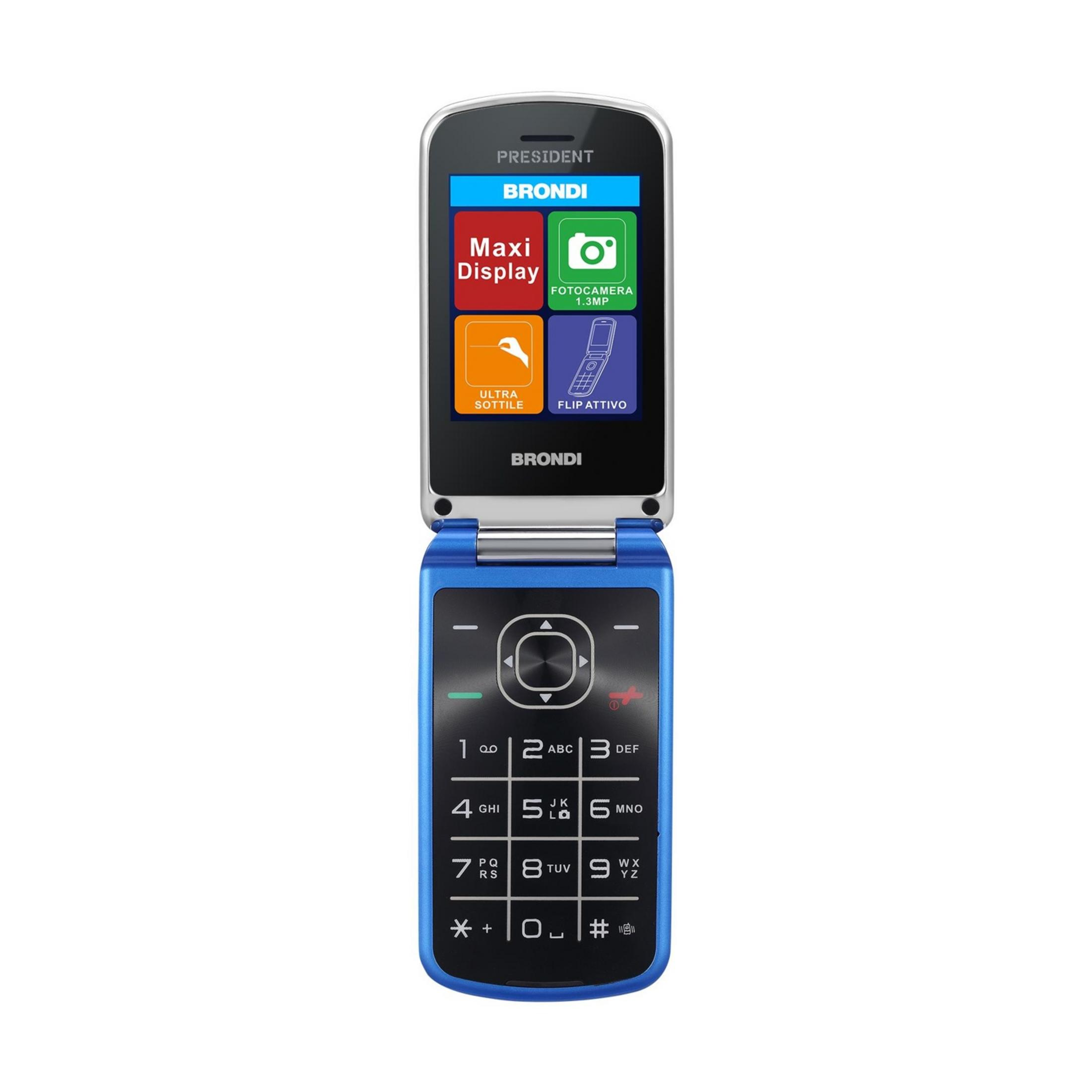 Otwarty niebieski telefon klapkowy Brondi z przyciskami i ekranem.