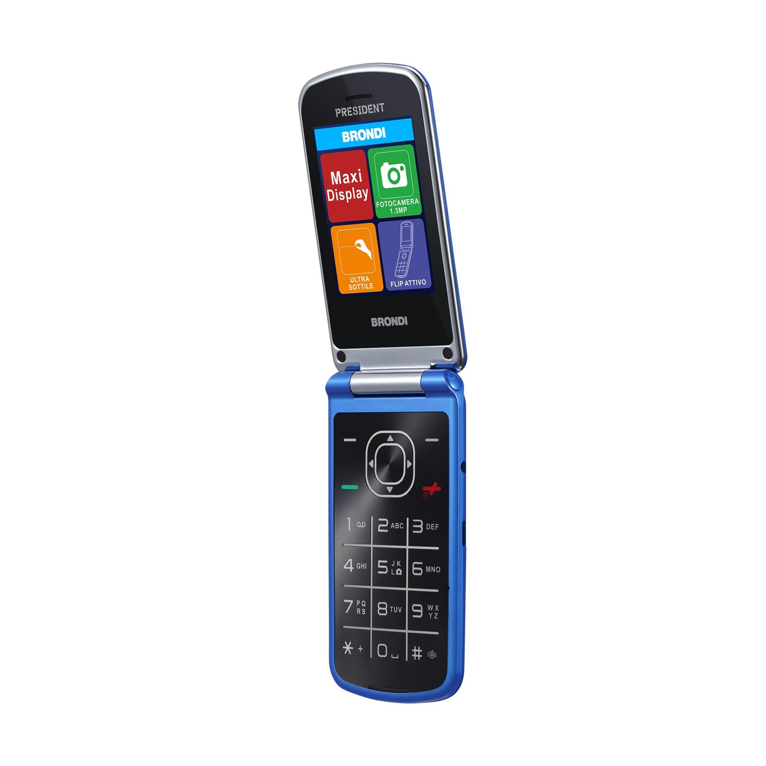 Otwarty niebieski telefon klapkowy Brondi z przyciskami i ekranem.