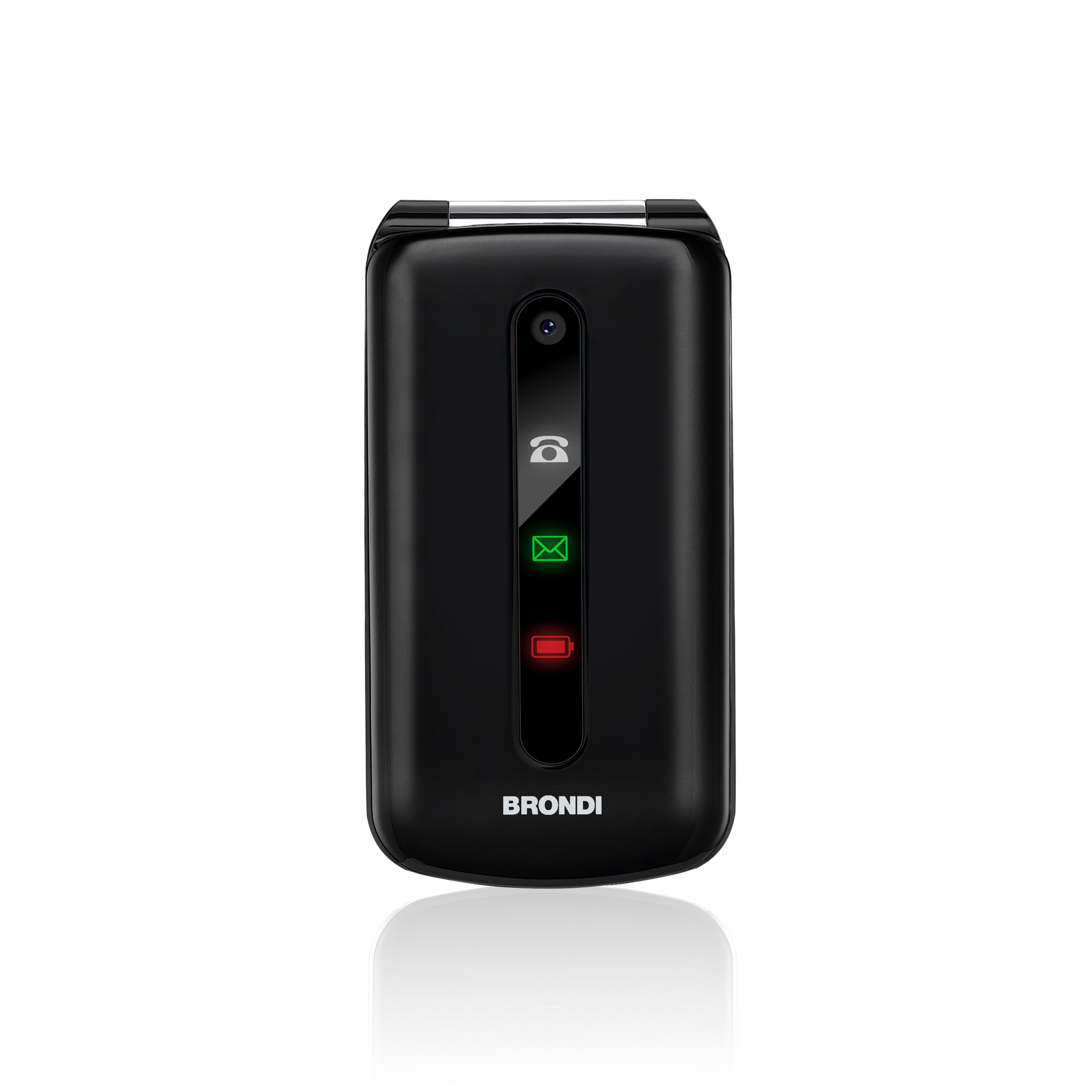 Czarny telefon klapkowy z aparatem, ikonami połączeń i wiadomości.