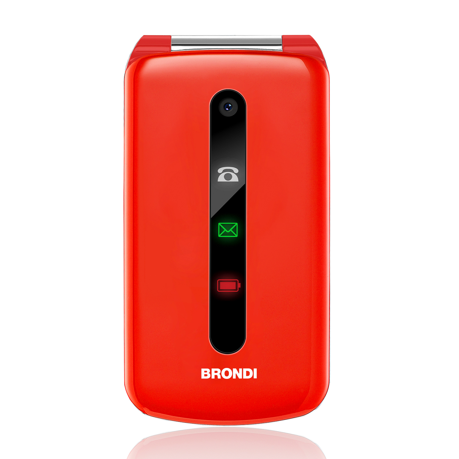 Czerwony telefon klapkowy z aparatem i ikonami połączenia, wiadomości i baterii.