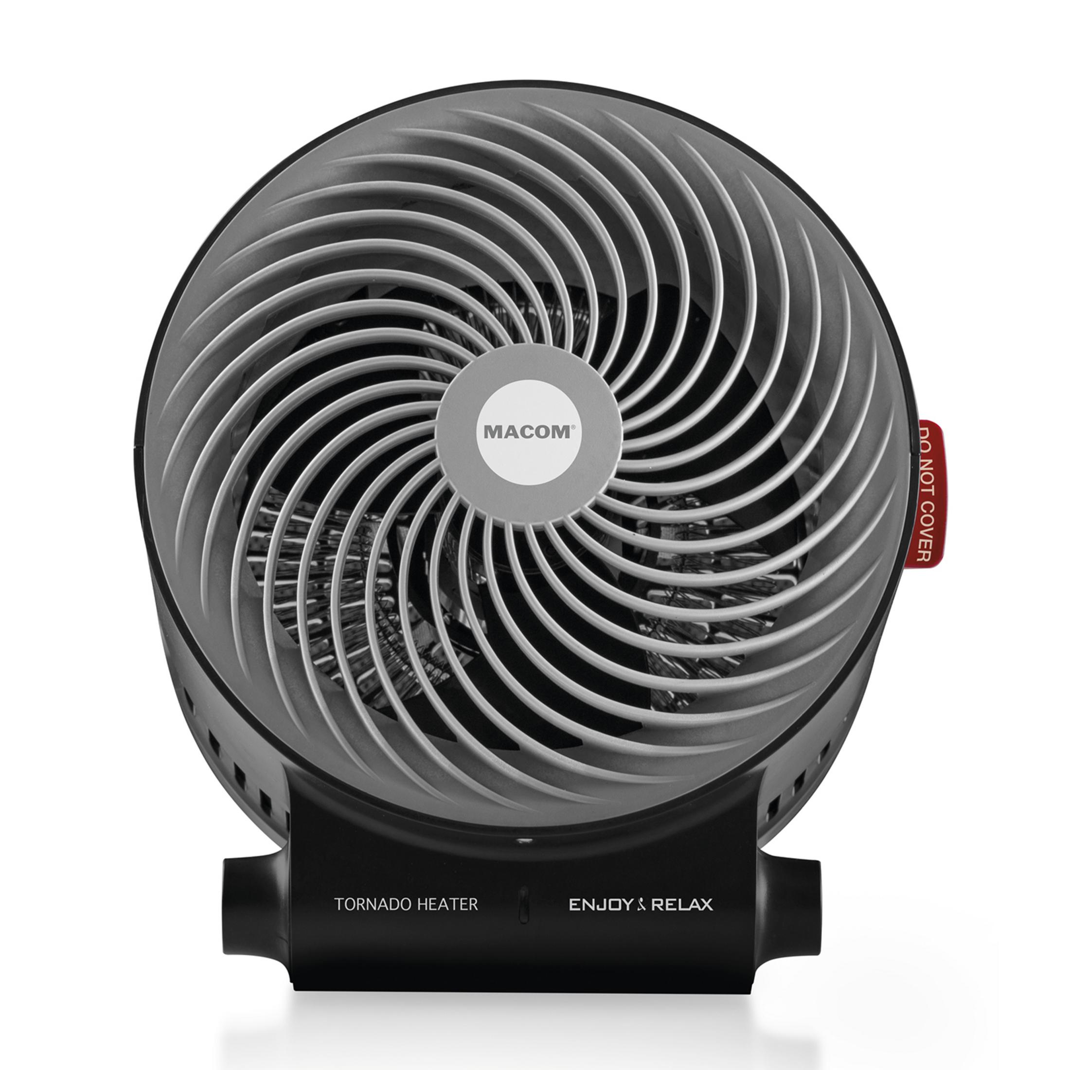 Czarny grzejnik tornado z logo MACOM i czerwoną etykietą "NIE PRZYKRYWAĆ".