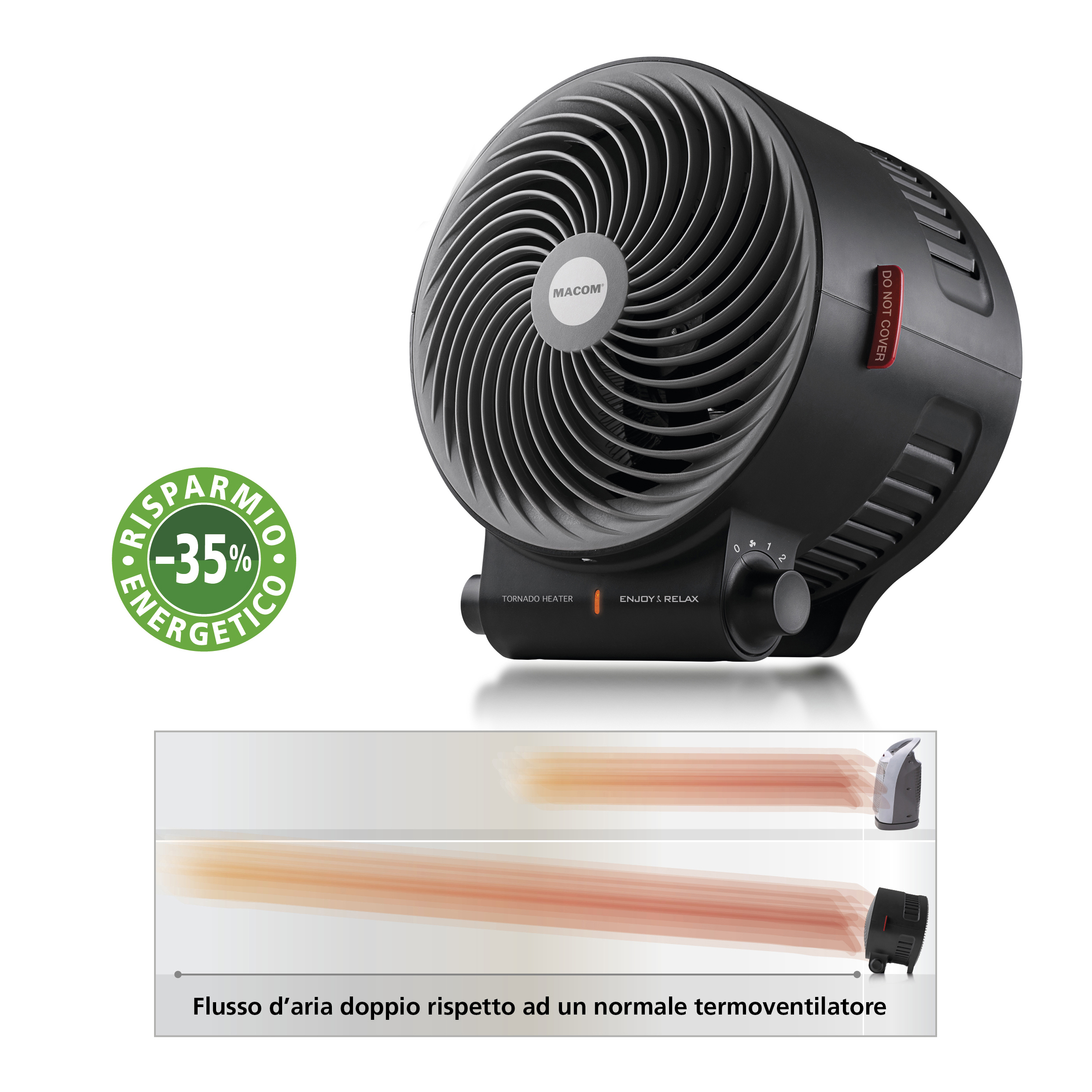 Czarny grzejnik tornado z pokrętłem i czerwoną naklejką 'Nie zakrywać'.