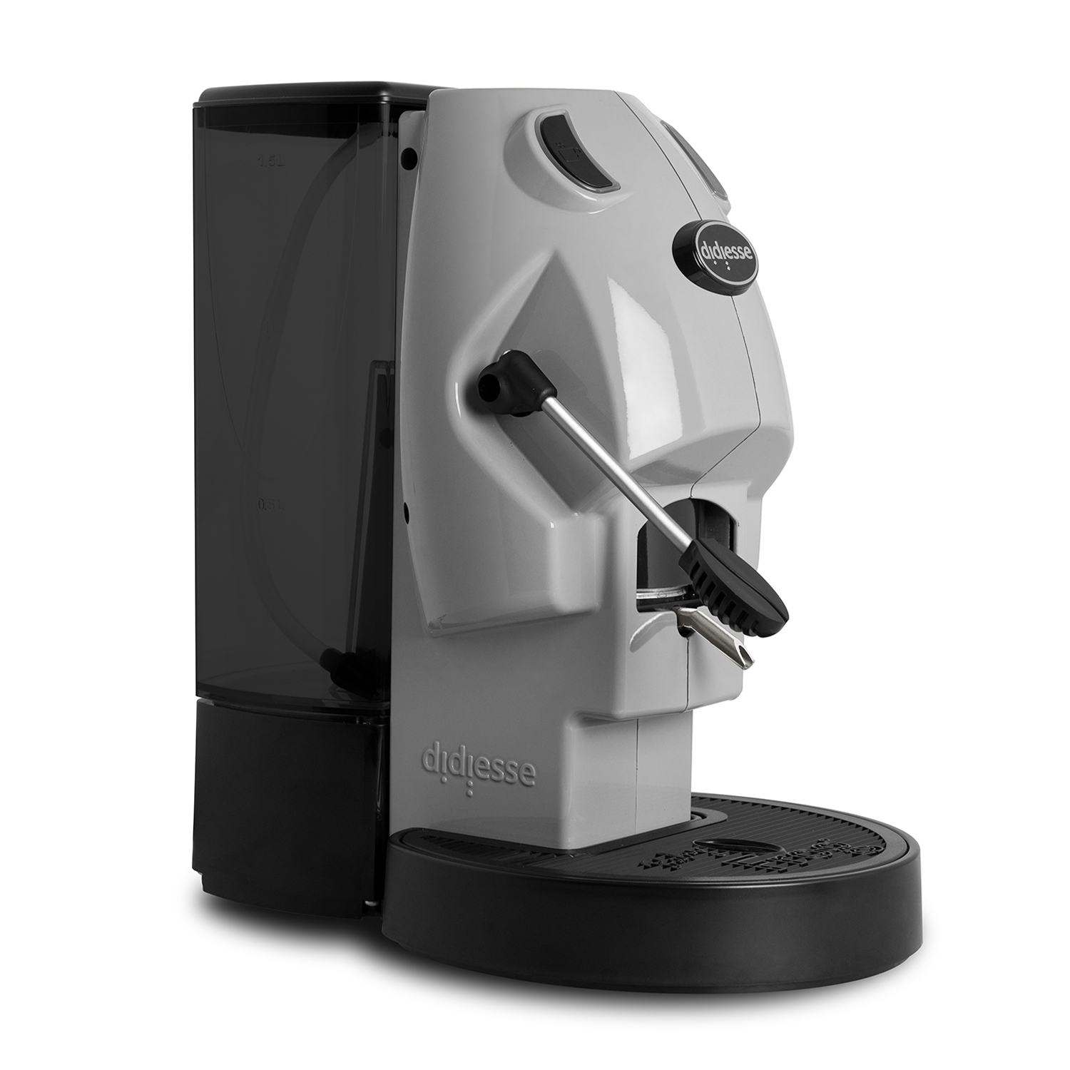 Una macchina da caffè grigia e nera con serbatoio e leva.