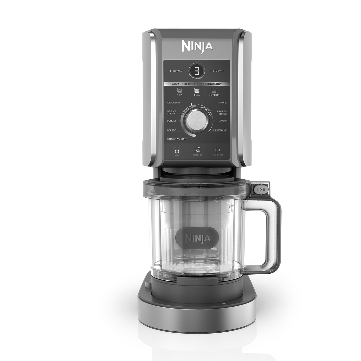 Gelatiera Ninja grigia con contenitore trasparente e pannello digitale.