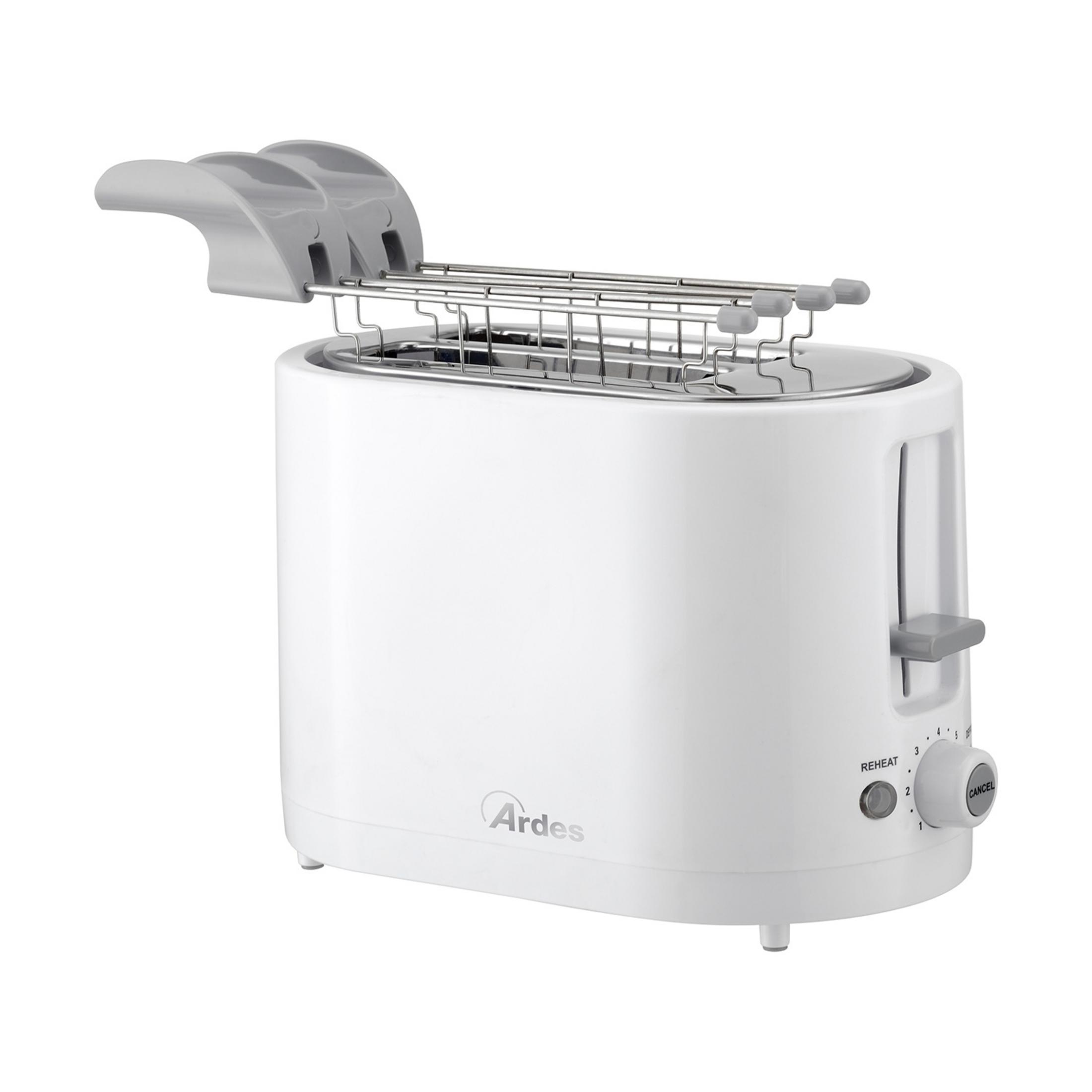 Biała tostarka Ardes z chromowanym stelażem do podgrzewania bułek, na białym tle.