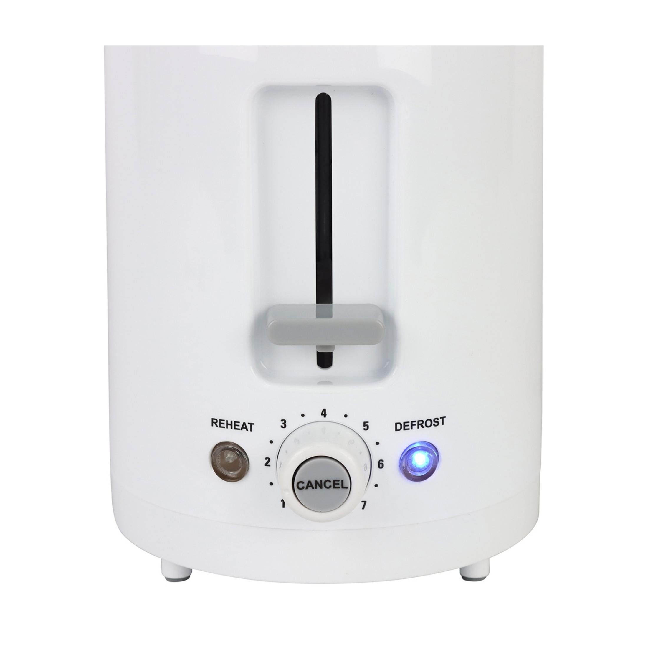 Biały toster z pokrętłem sterującym, przyciskiem anuluj i niebieskim wskaźnikiem.