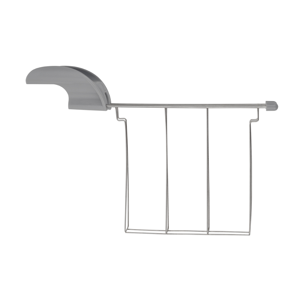 Szary dodatek do tostera z metalowymi rusztami na białym tle.