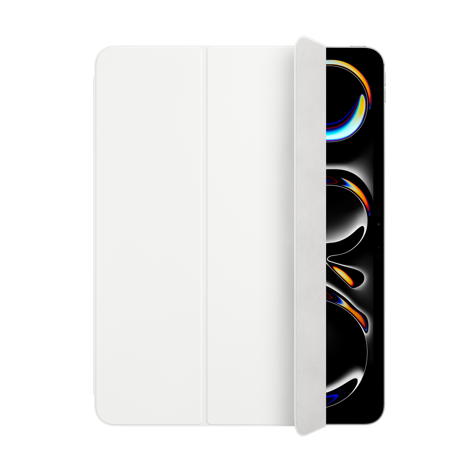 Biały tablet z otwartą okładką, pokazujący ciemny ekran z kolorowymi pierścieniami.