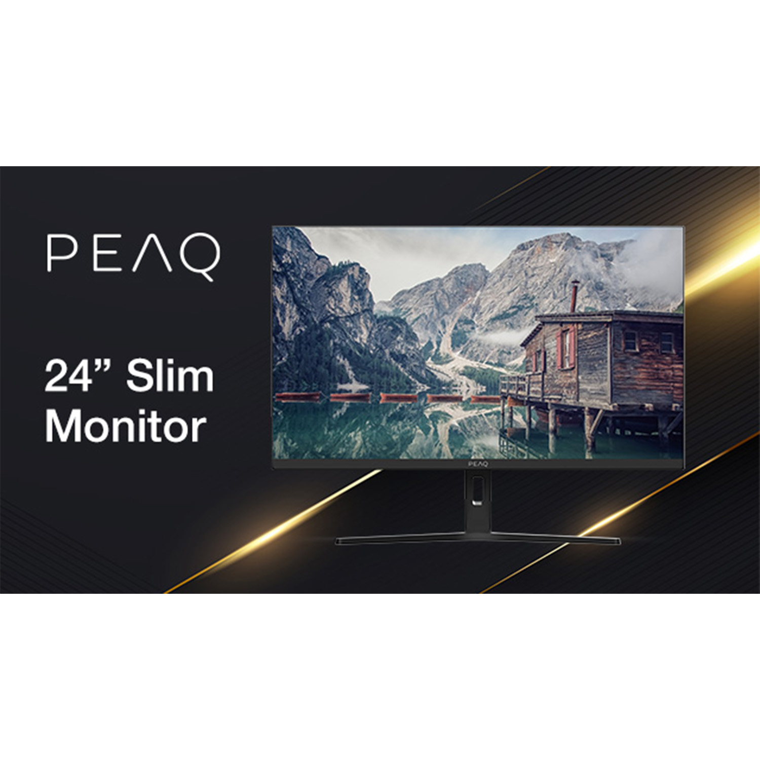 PEAQ 24" Slim Monitor zeigt ein Bergpanorama mit Hütte und See.