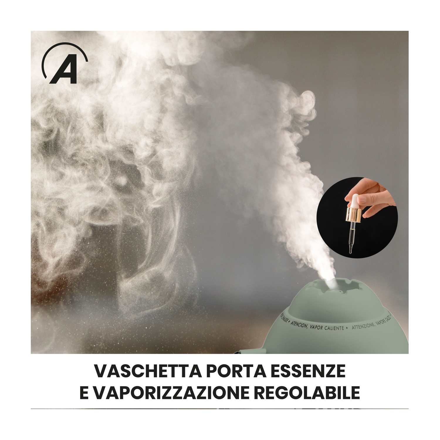 Un difusor emite vapor. Una mano sostiene un gotero sobre el aparato.