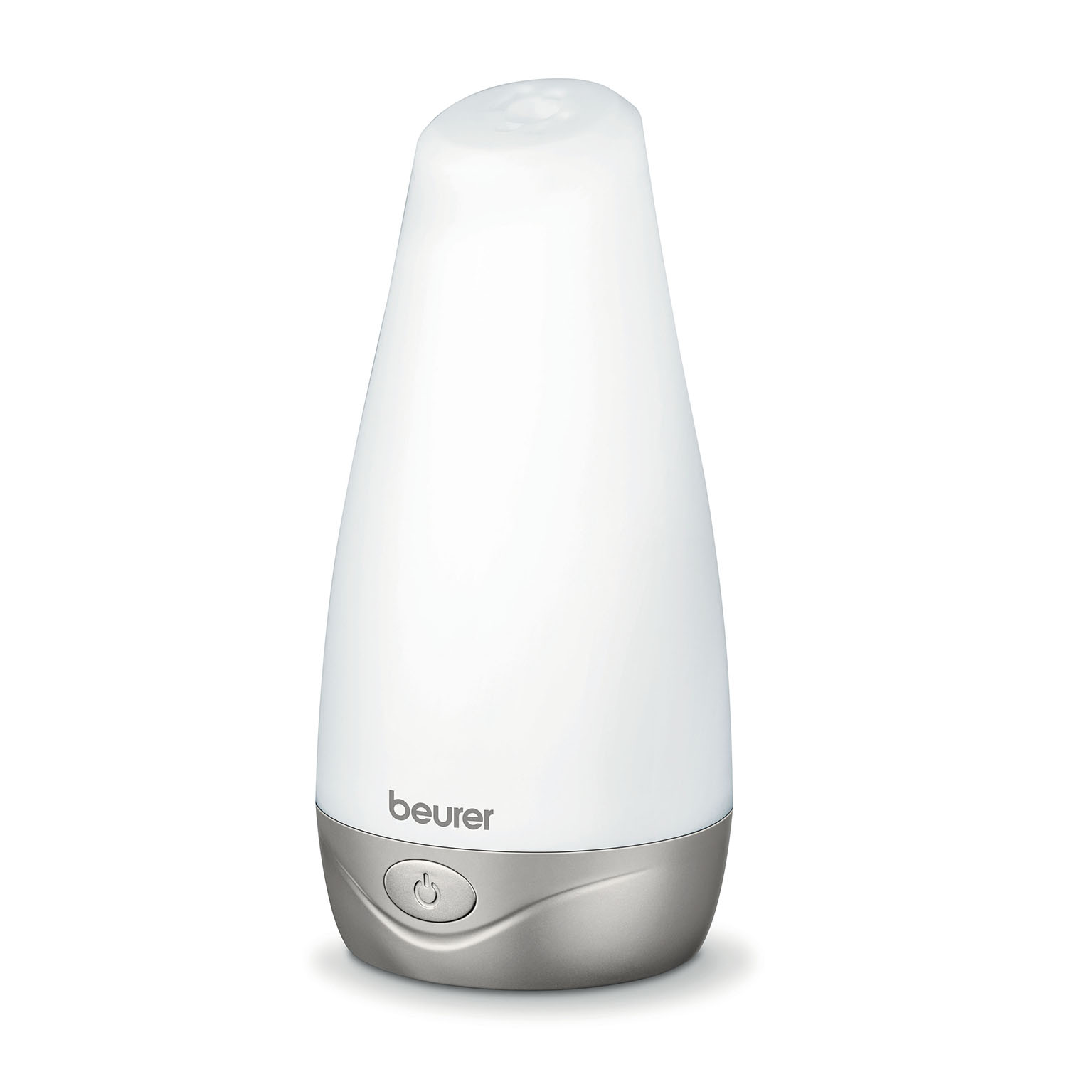 Un humidificador blanco con base plateada y botón de encendido.