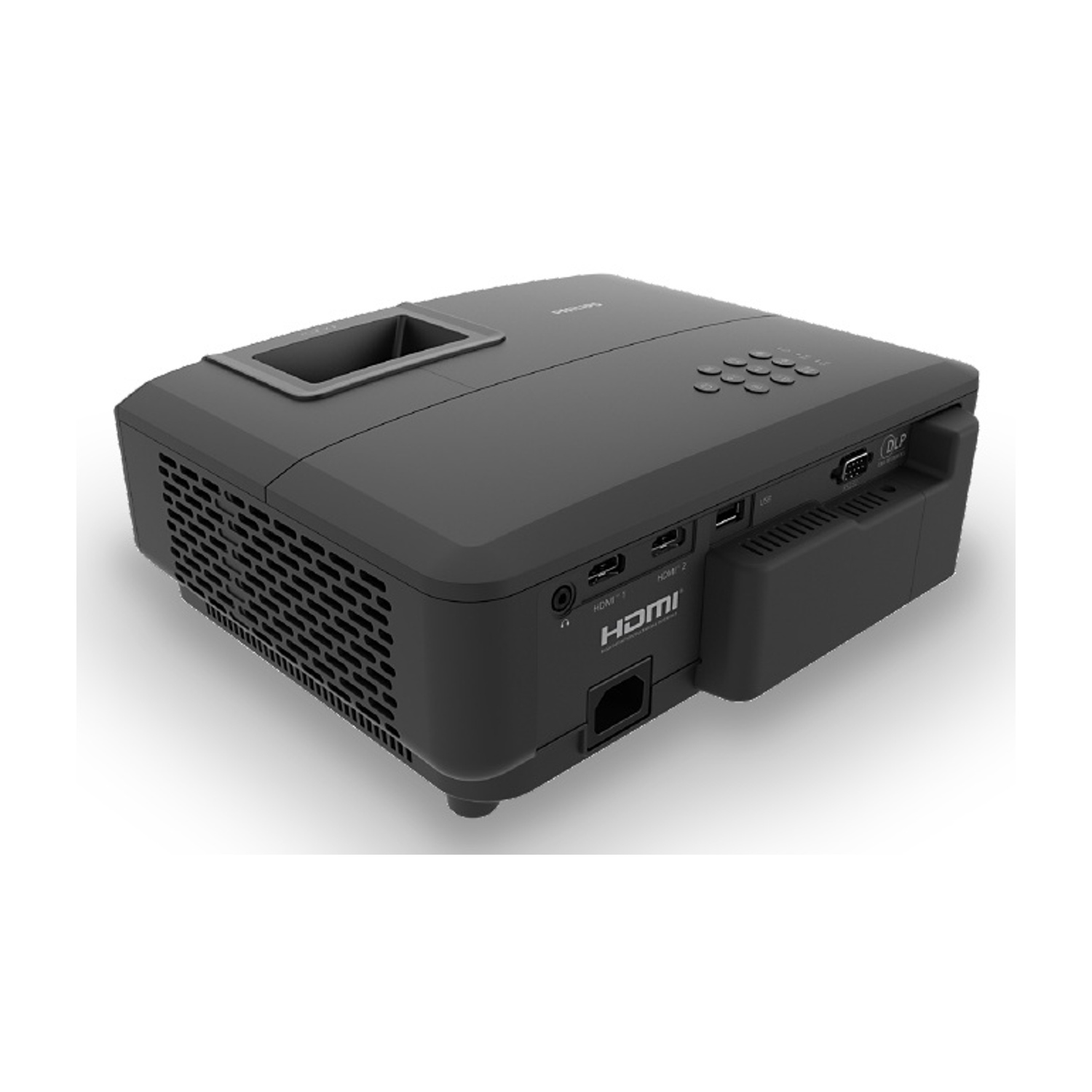 Zwarte projector met ventilatieopeningen en poorten.