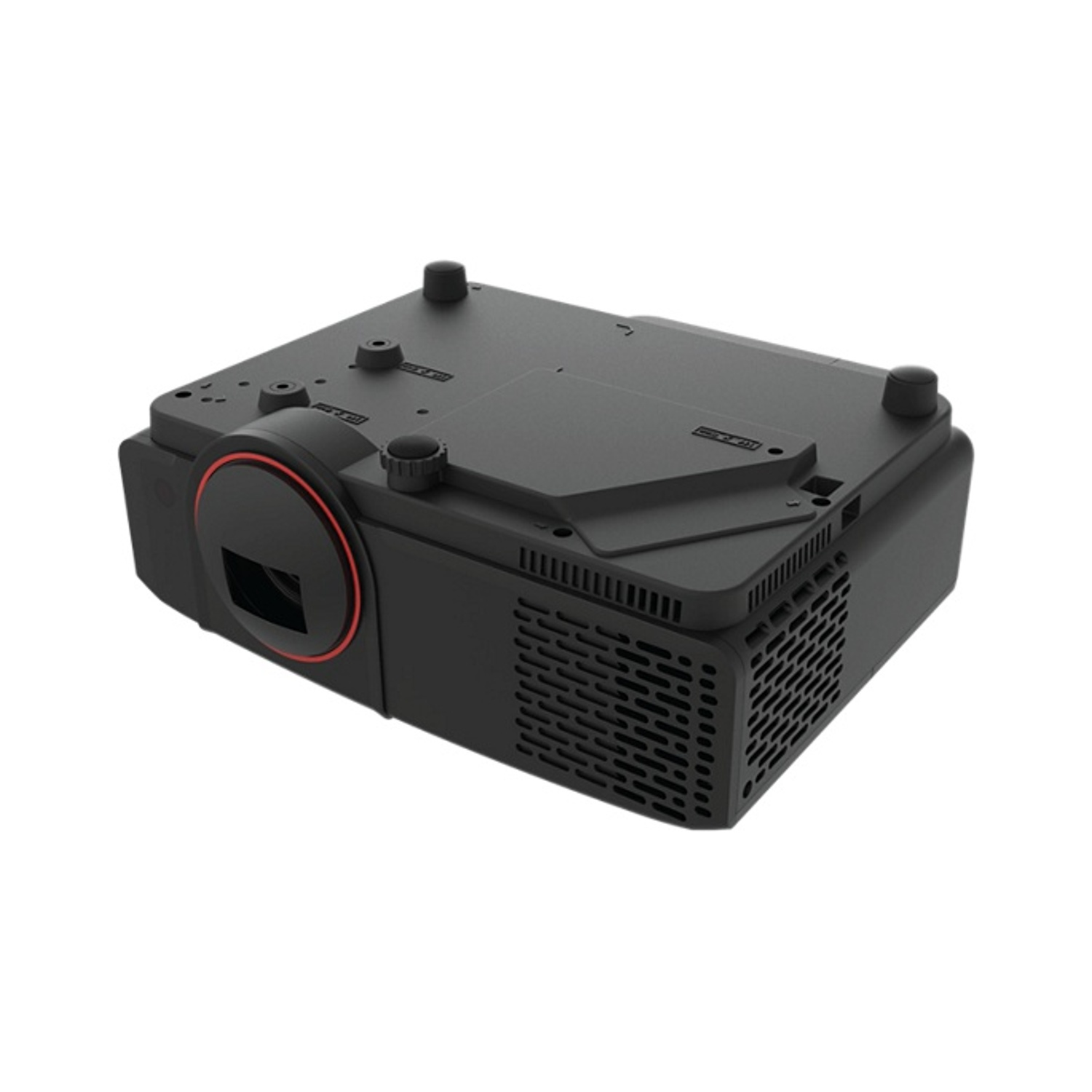 Een zwarte projector met rode accenten op een witte achtergrond.