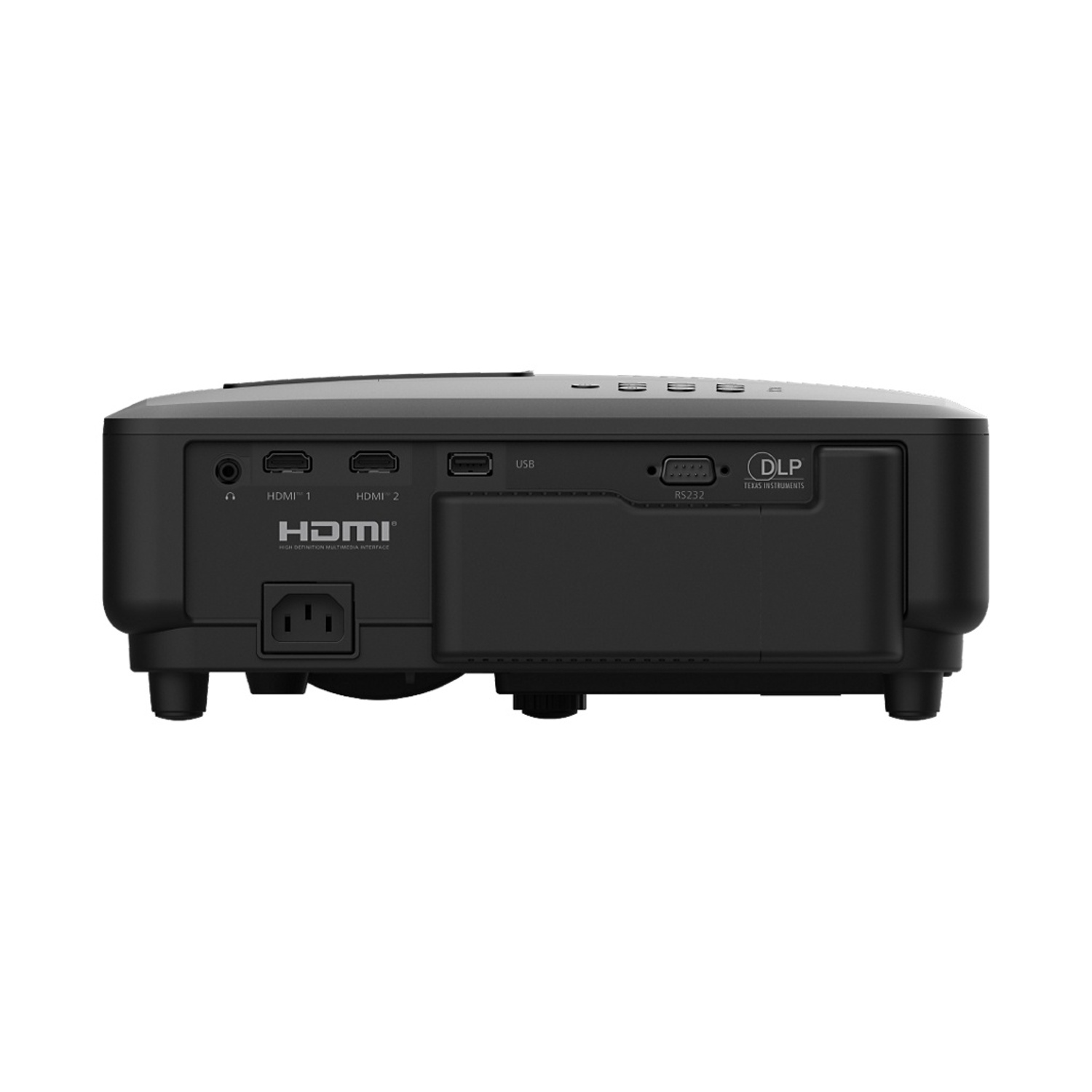 Achterkant van een zwarte projector met poorten: audio, 2x HDMI, USB, RS232, stroom.