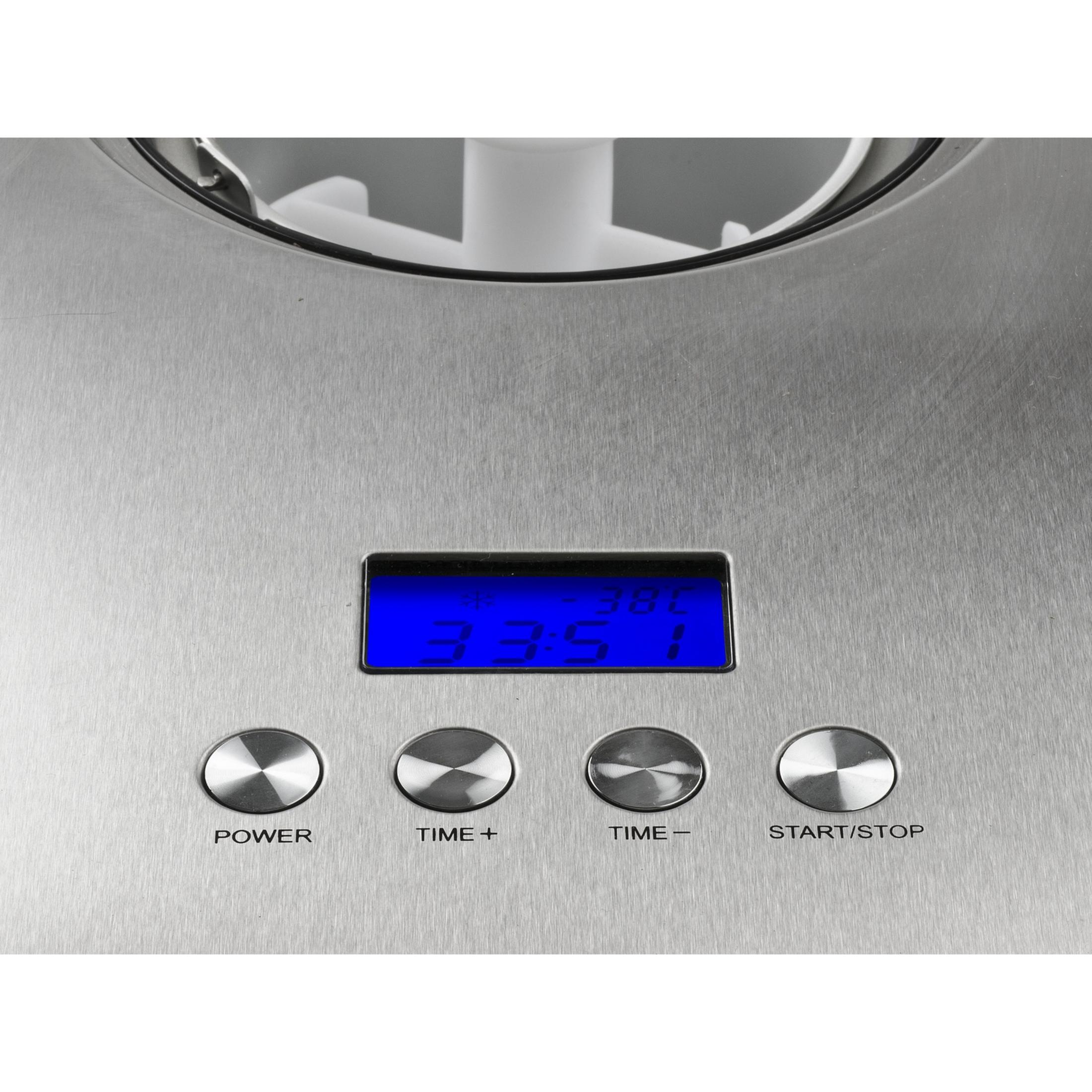 Maszyna do lodów ze stali nierdzewnej z cyfrowym wyświetlaczem i przyciskami.