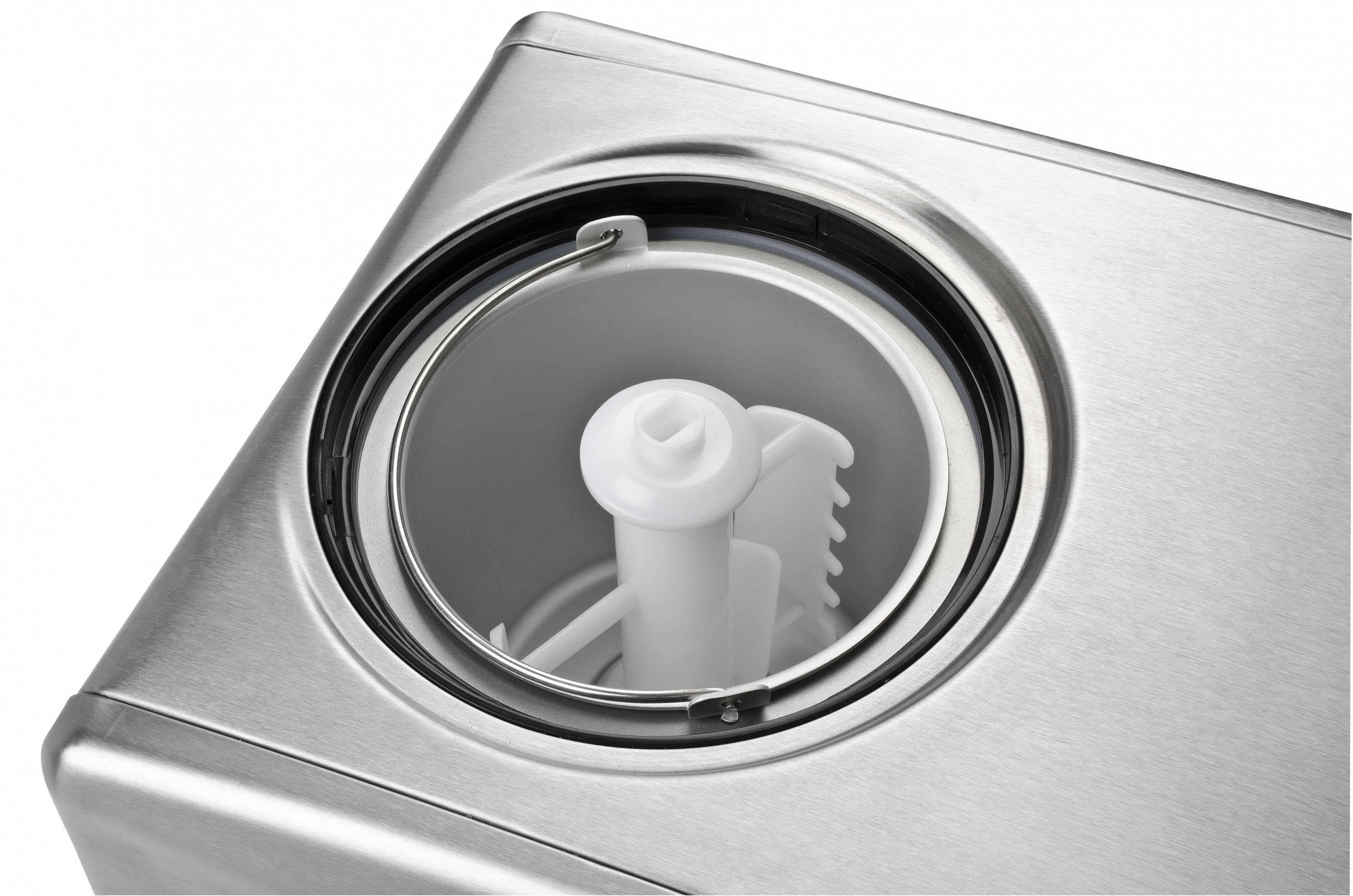 Maszynka do lodów ze stali nierdzewnej z białym mechanizmem mieszającym.