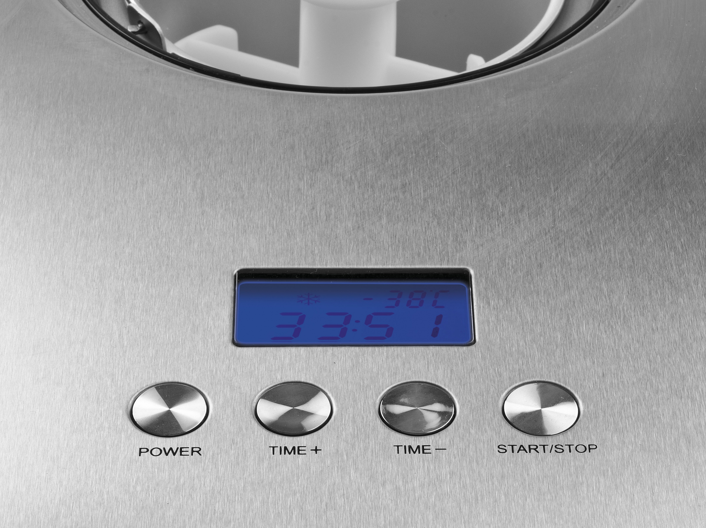 Maszyna do lodów ze stali nierdzewnej z cyfrowym wyświetlaczem (3:51) i czterema przyciskami.